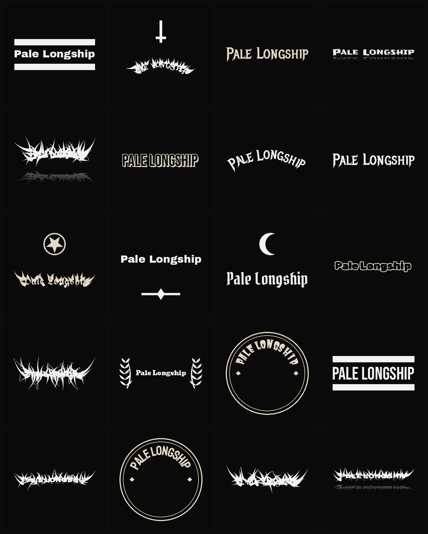 Twenty Pale Longship band logo ideas — different faces, treatments and spike settings