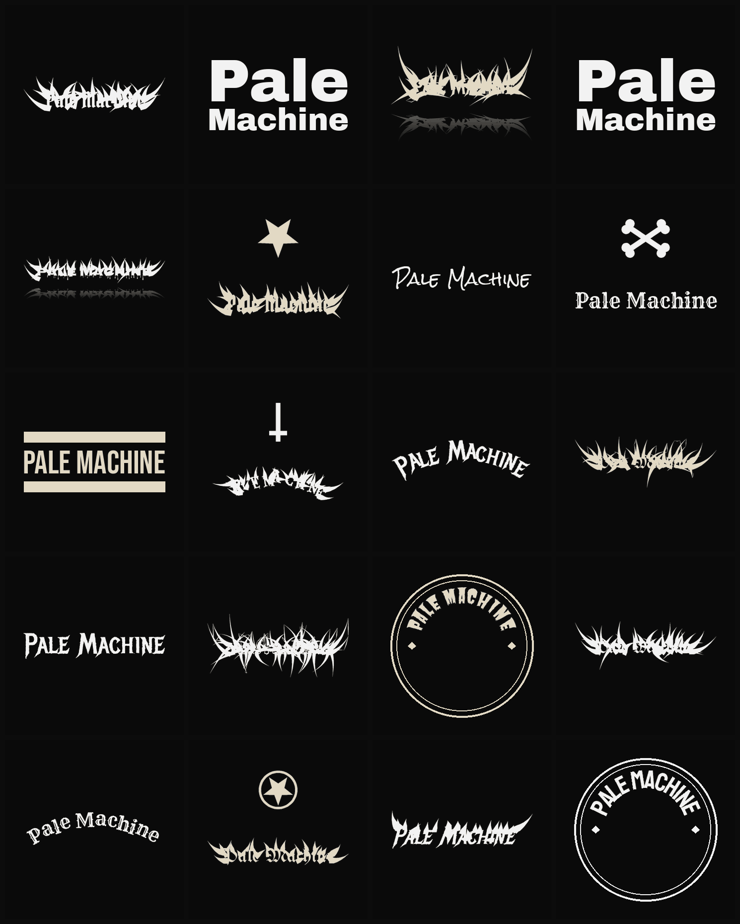 Twenty Pale Machine band logo ideas — different faces, treatments and spike settings