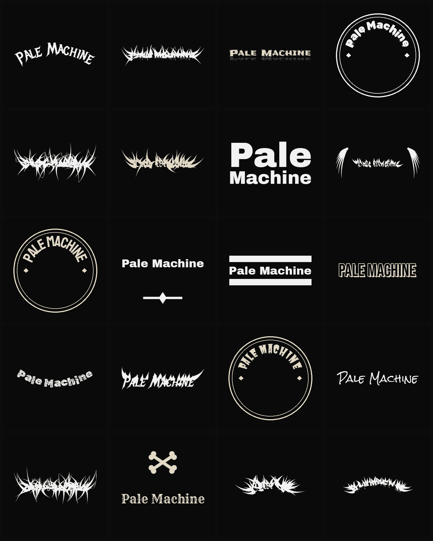 Twenty Pale Machine band logo ideas — different faces, treatments and spike settings