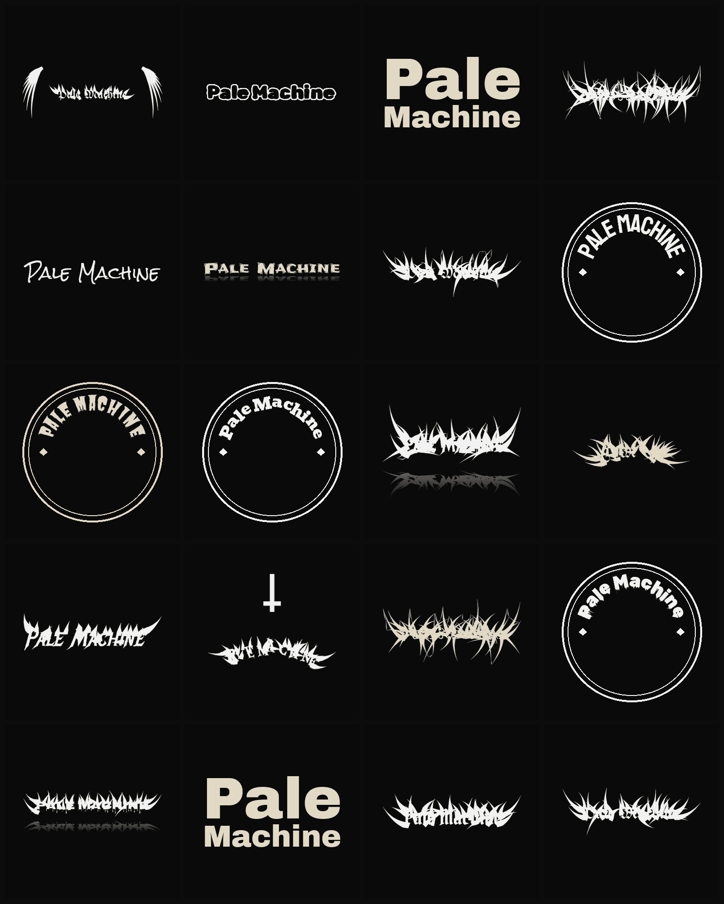 Twenty Pale Machine band logo ideas — different faces, treatments and spike settings
