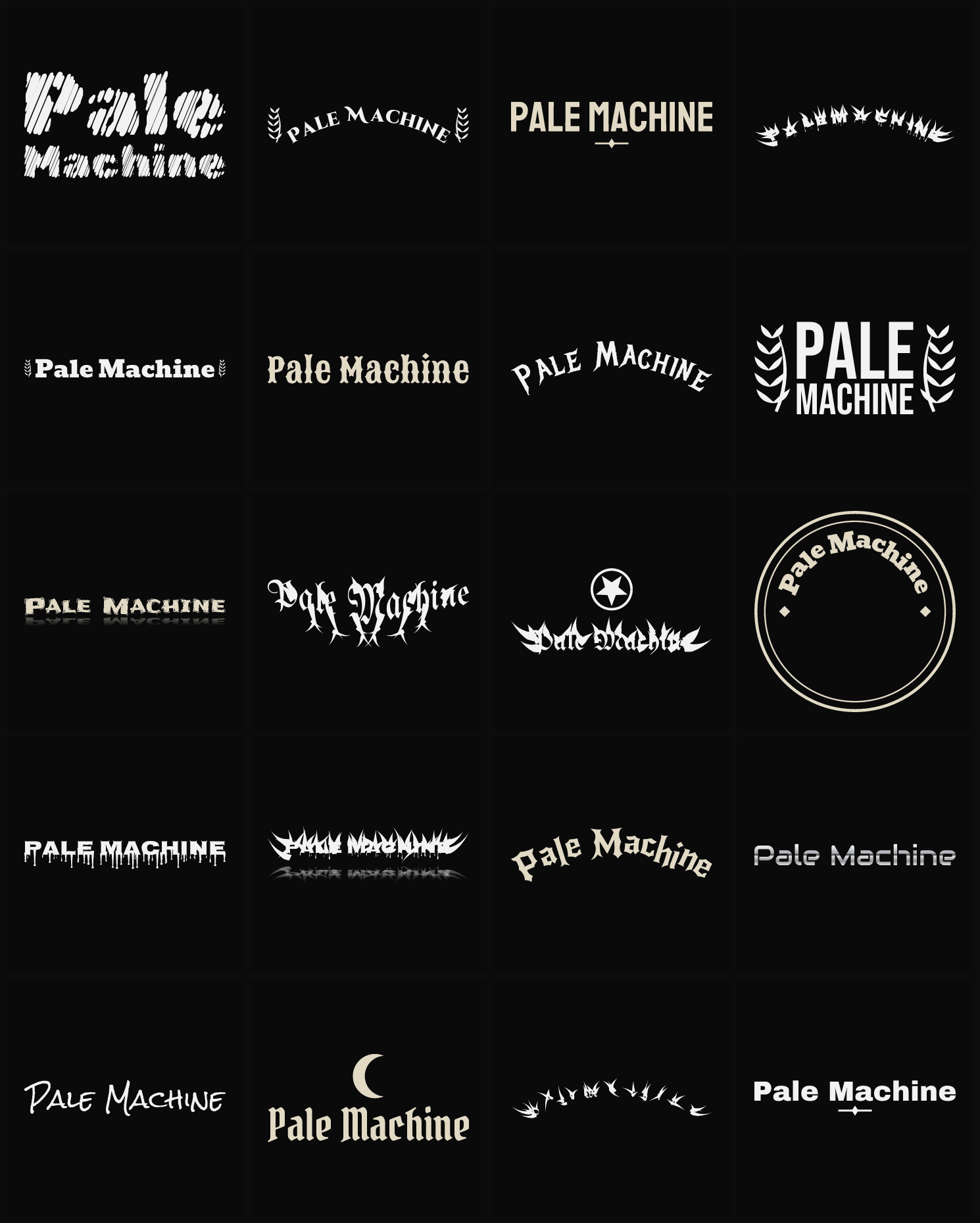 Twenty Pale Machine band logo ideas — different faces, treatments and spike settings