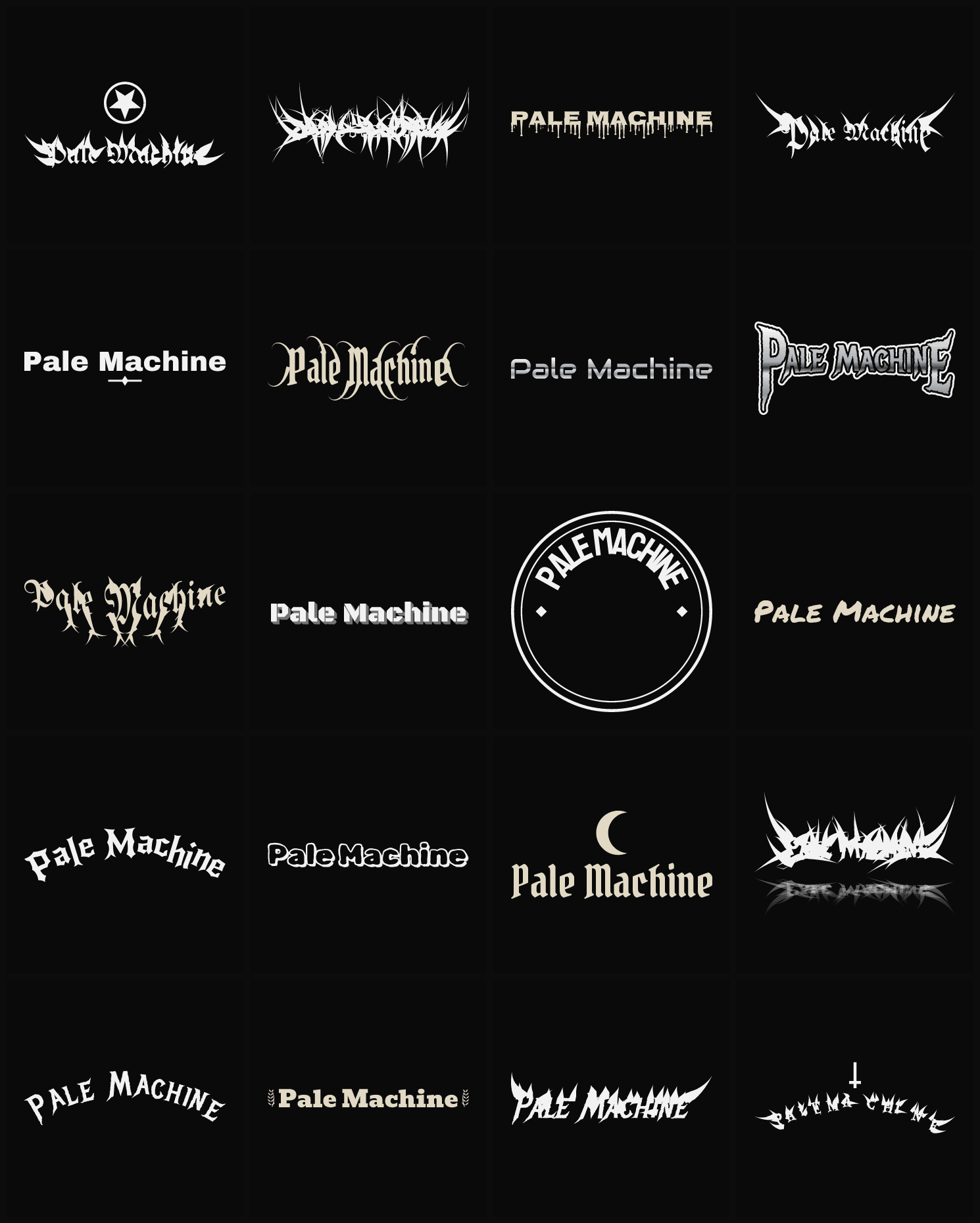 Twenty Pale Machine band logo ideas — different faces, treatments and spike settings