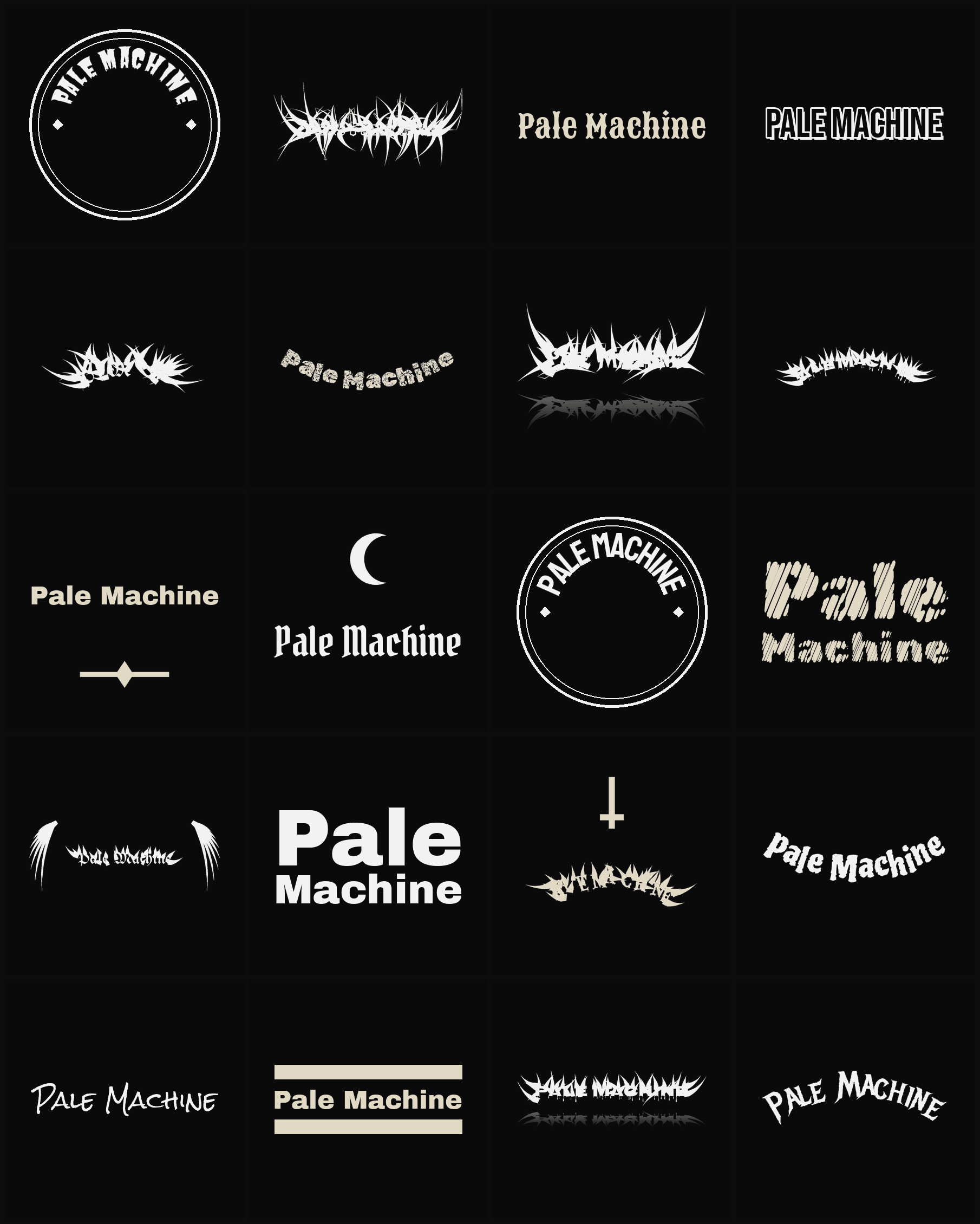 Twenty Pale Machine band logo ideas — different faces, treatments and spike settings