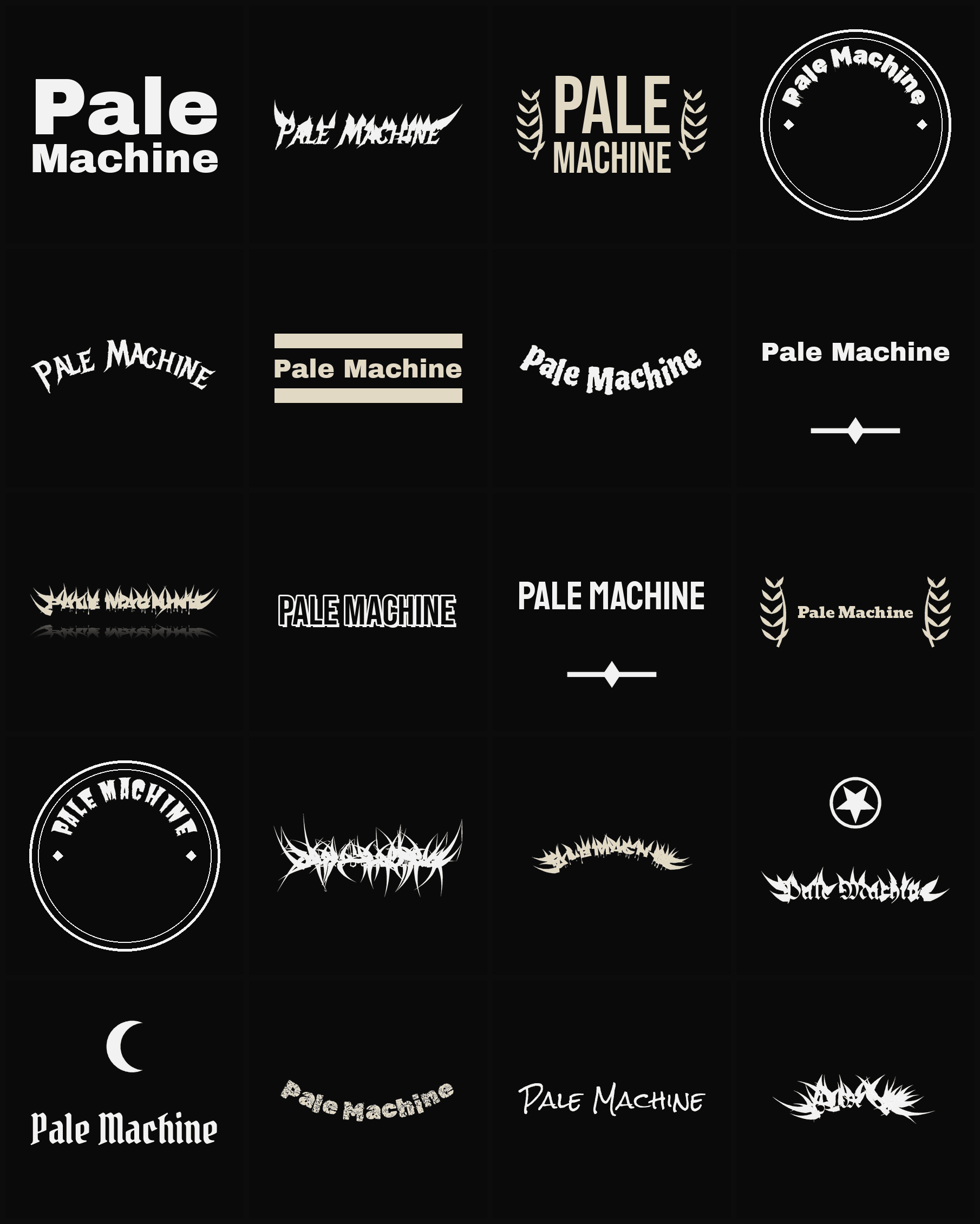 Twenty Pale Machine band logo ideas — different faces, treatments and spike settings