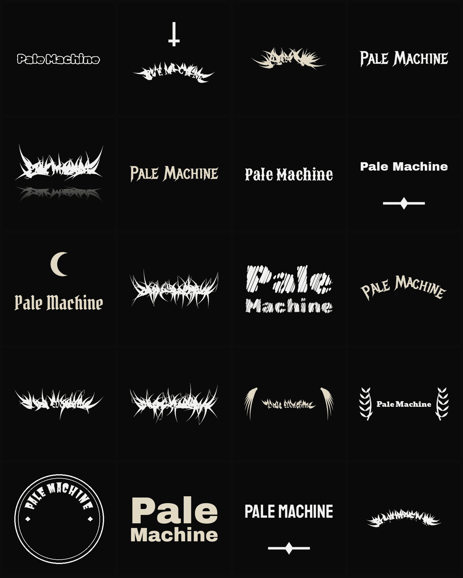Twenty Pale Machine band logo ideas — different faces, treatments and spike settings