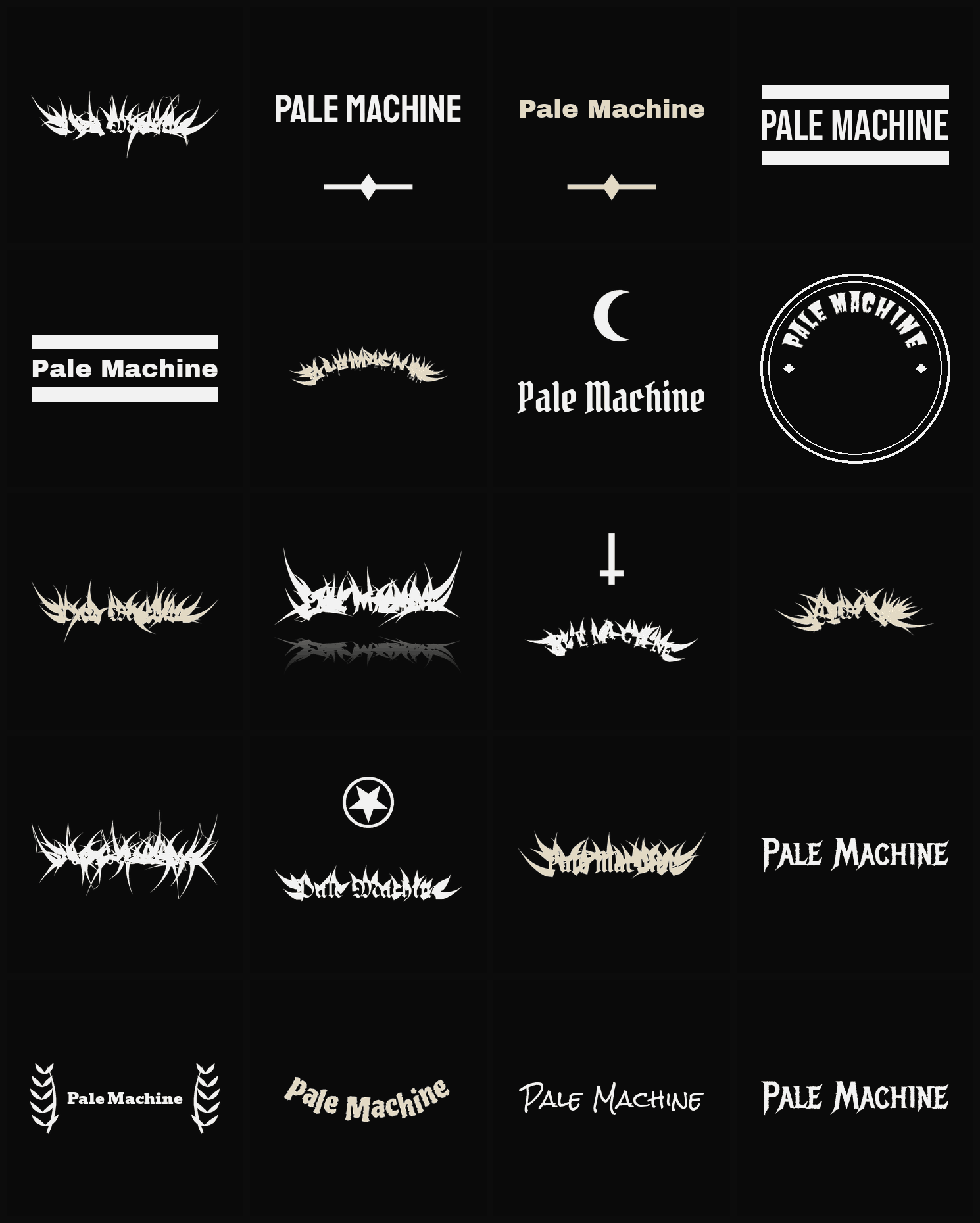 Twenty Pale Machine band logo ideas — different faces, treatments and spike settings