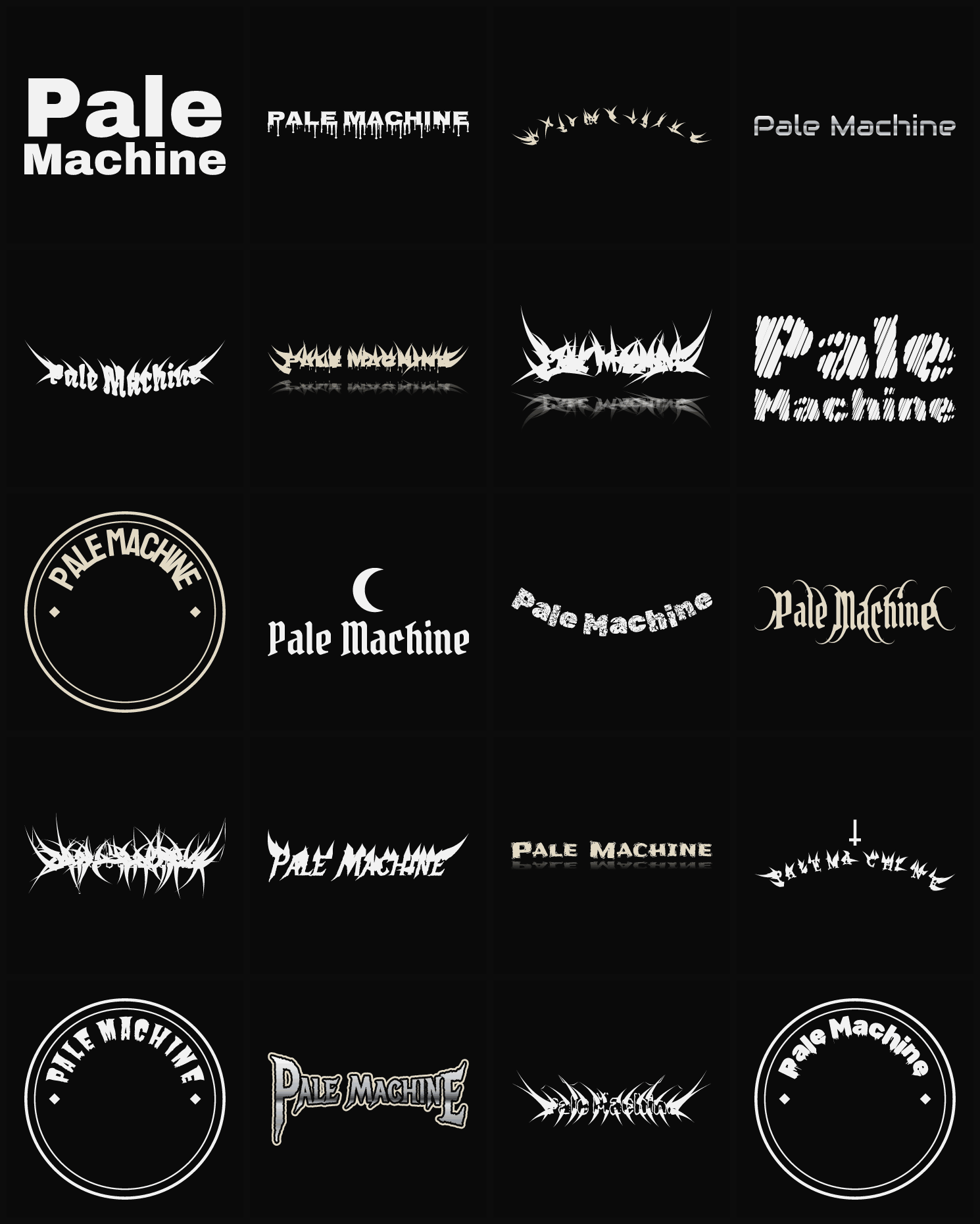 Twenty Pale Machine band logo ideas — different faces, treatments and spike settings