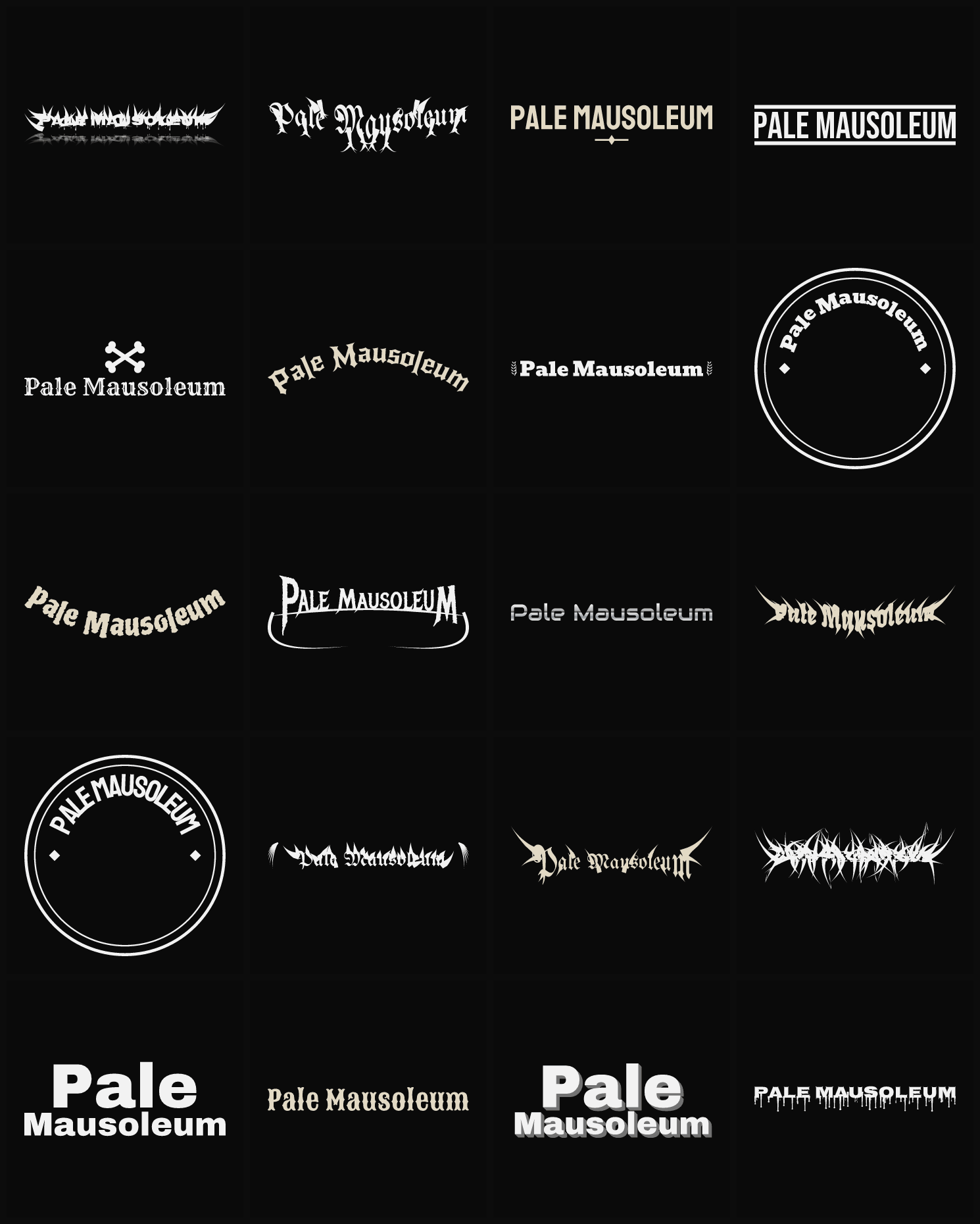Twenty Pale Mausoleum band logo ideas — different faces, treatments and spike settings