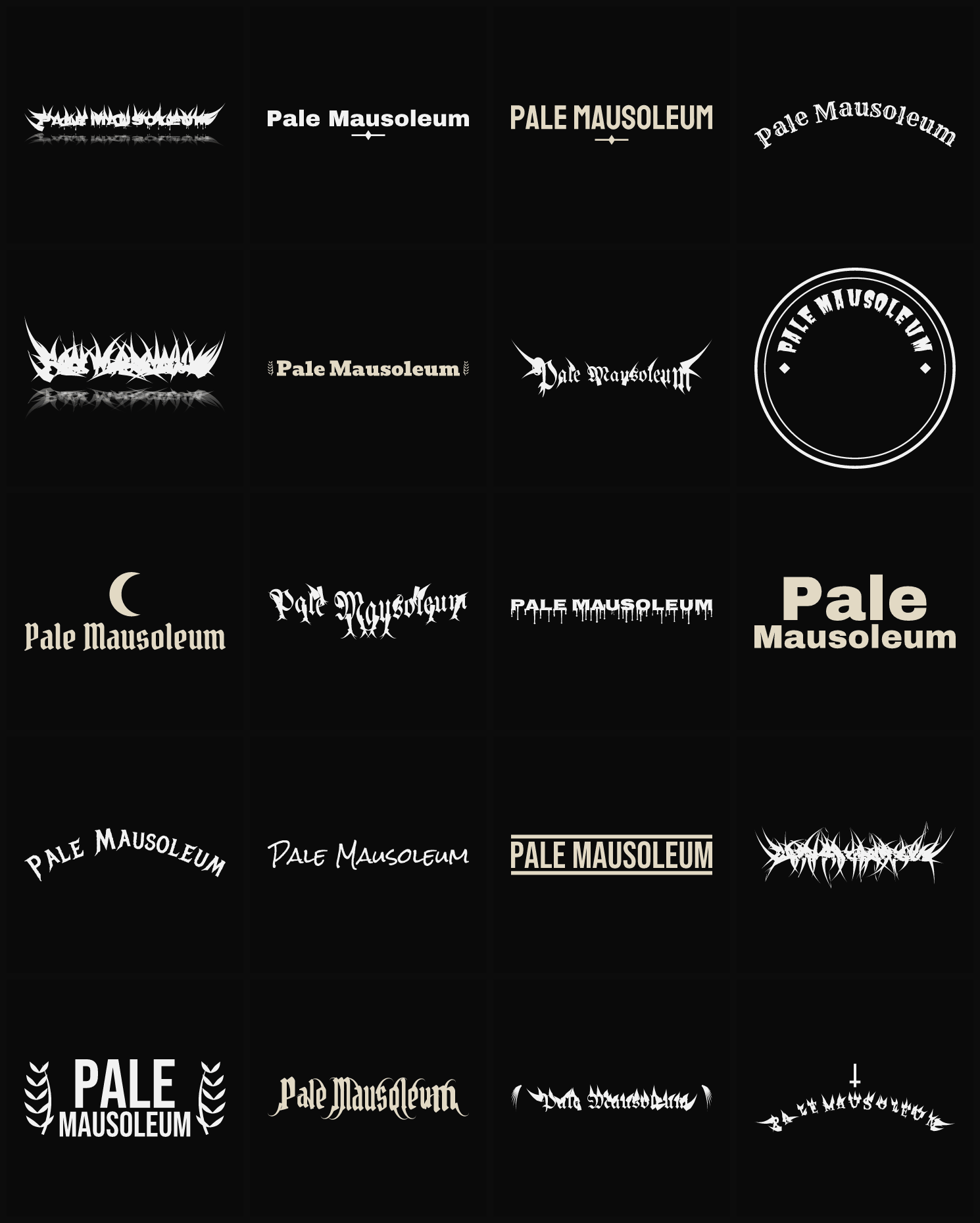 Twenty Pale Mausoleum band logo ideas — different faces, treatments and spike settings