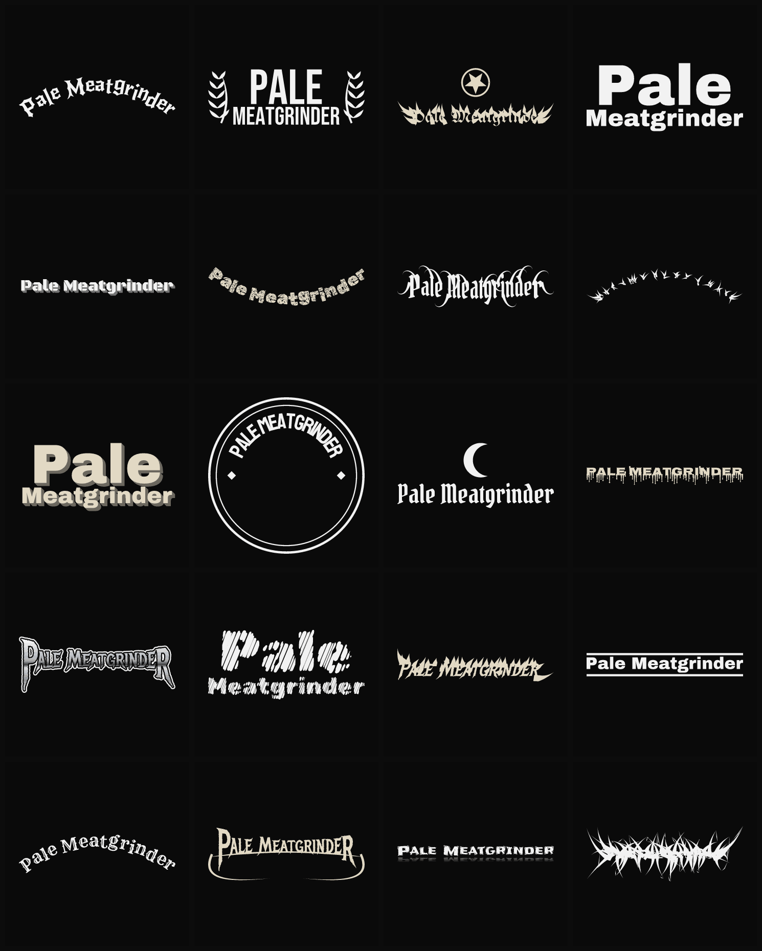 Twenty Pale Meatgrinder band logo ideas — different faces, treatments and spike settings