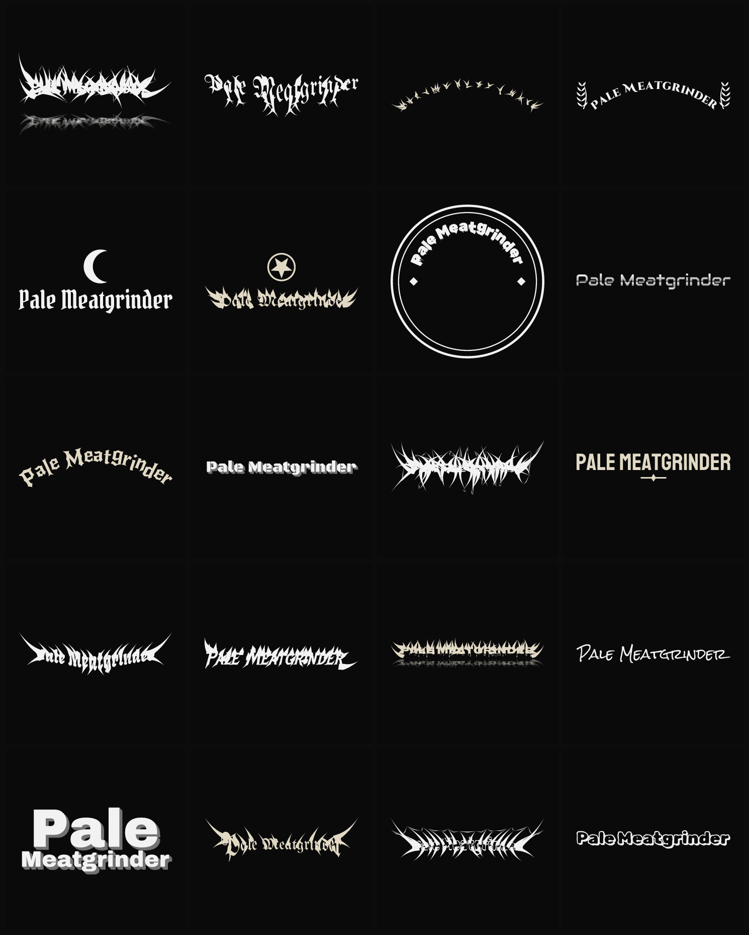 Twenty Pale Meatgrinder band logo ideas — different faces, treatments and spike settings