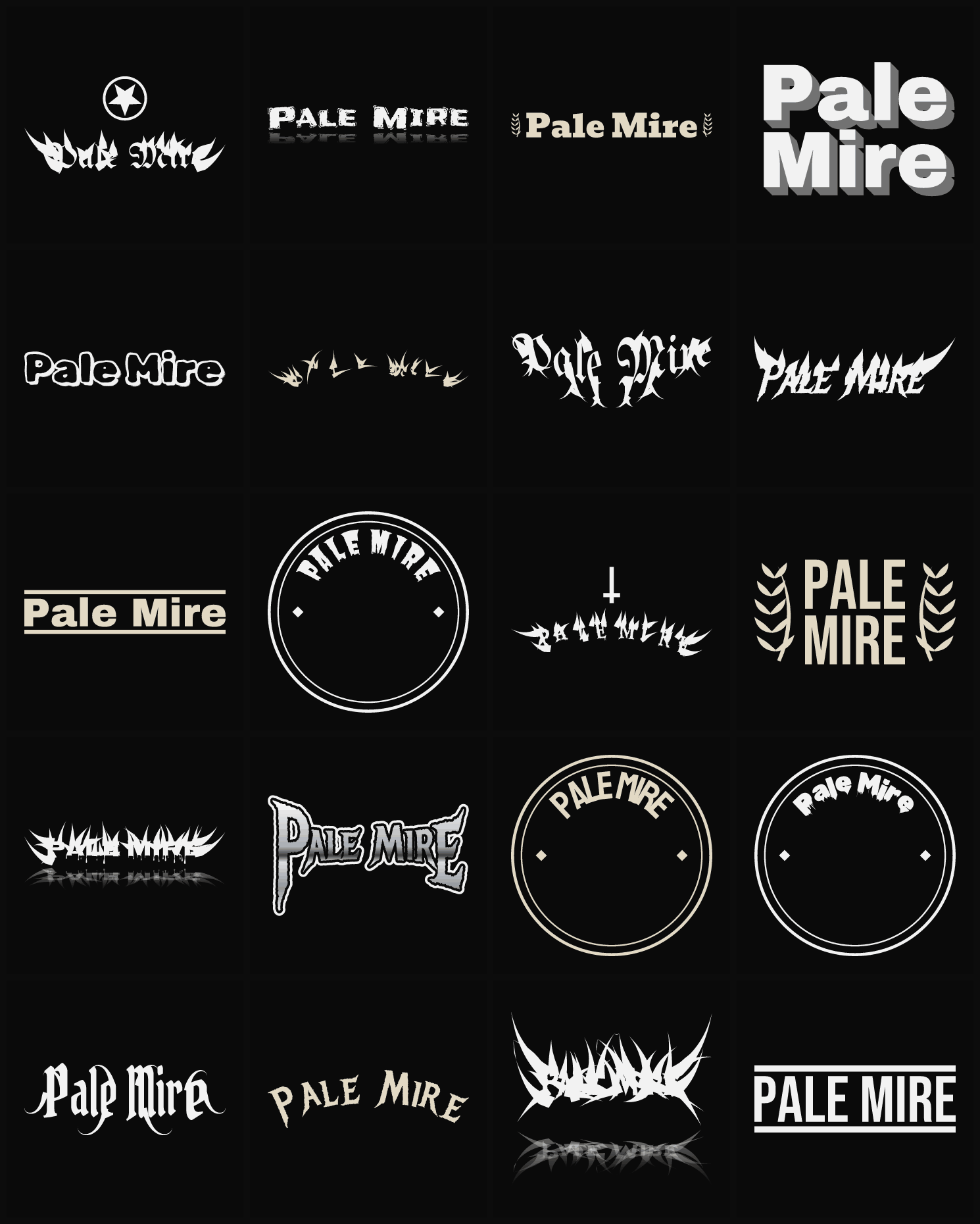 Twenty Pale Mire band logo ideas — different faces, treatments and spike settings