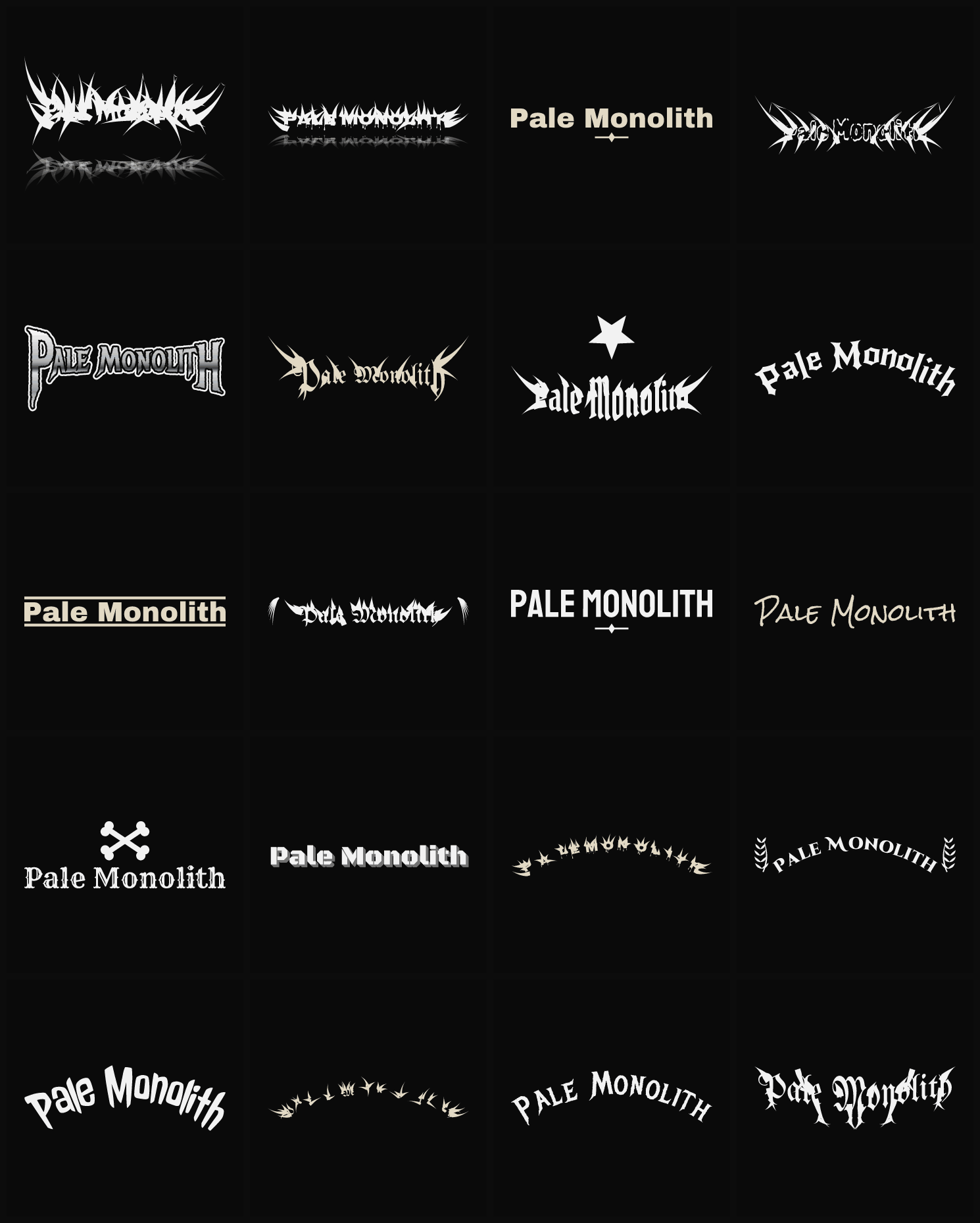 Twenty Pale Monolith band logo ideas — different faces, treatments and spike settings