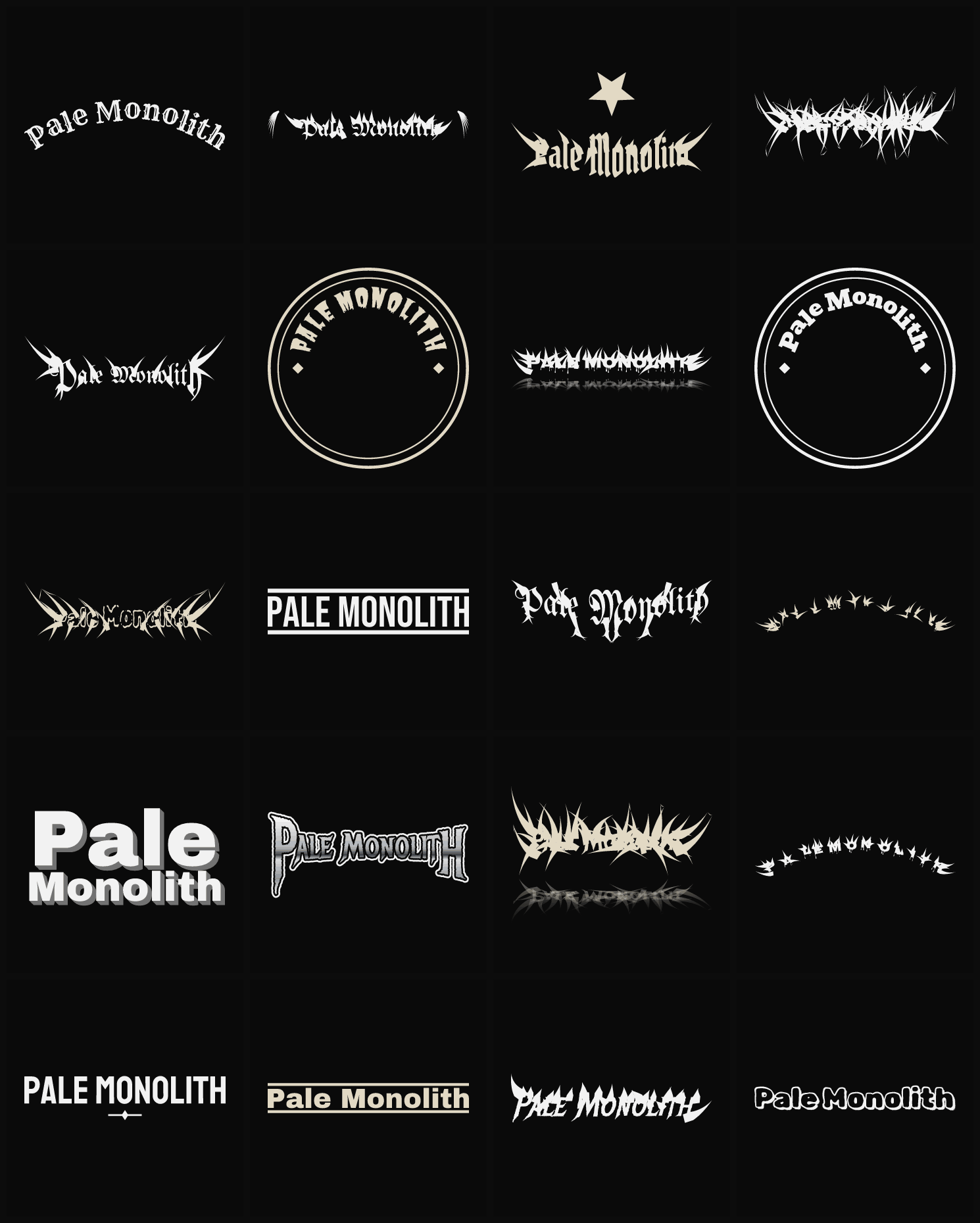 Twenty Pale Monolith band logo ideas — different faces, treatments and spike settings