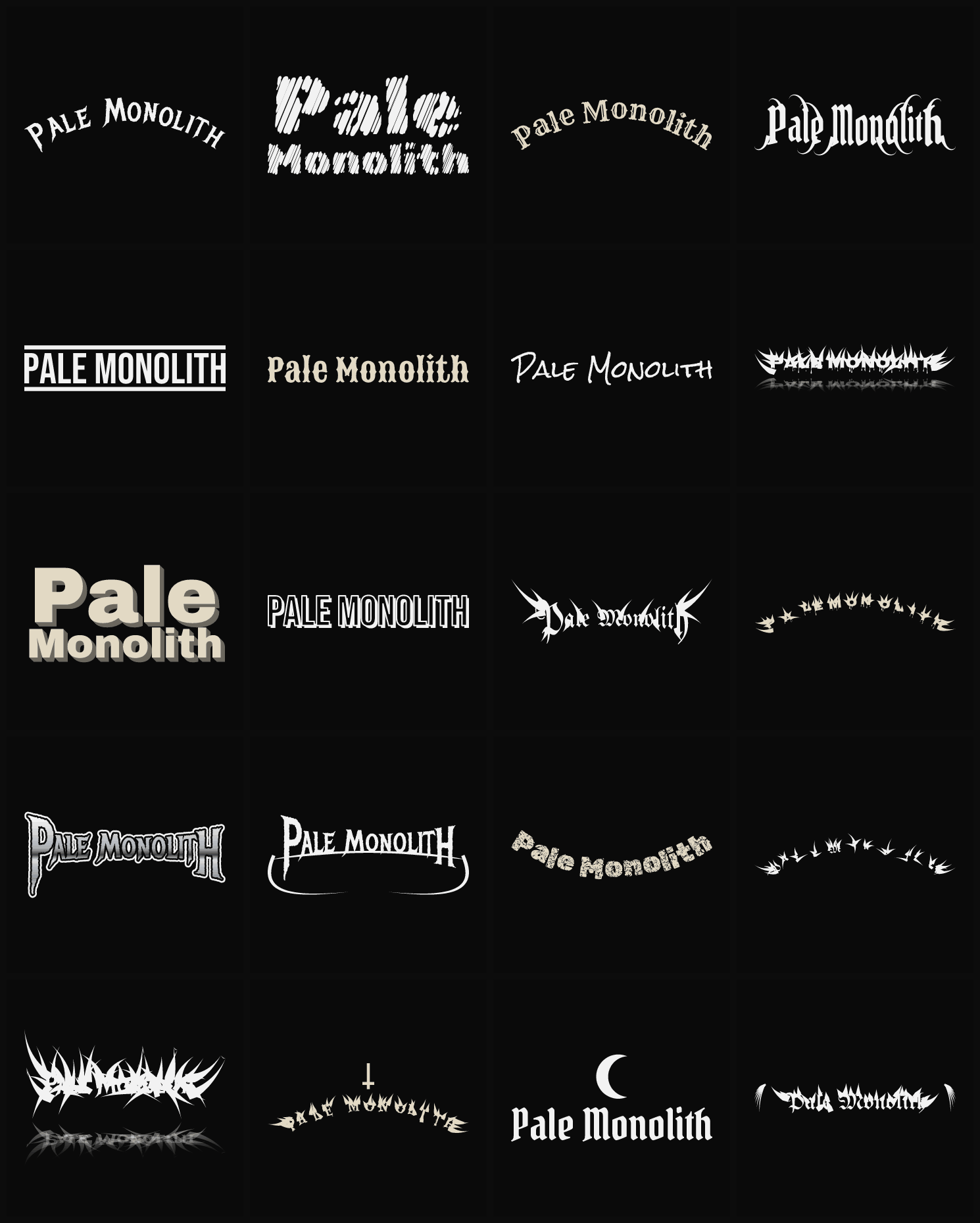 Twenty Pale Monolith band logo ideas — different faces, treatments and spike settings