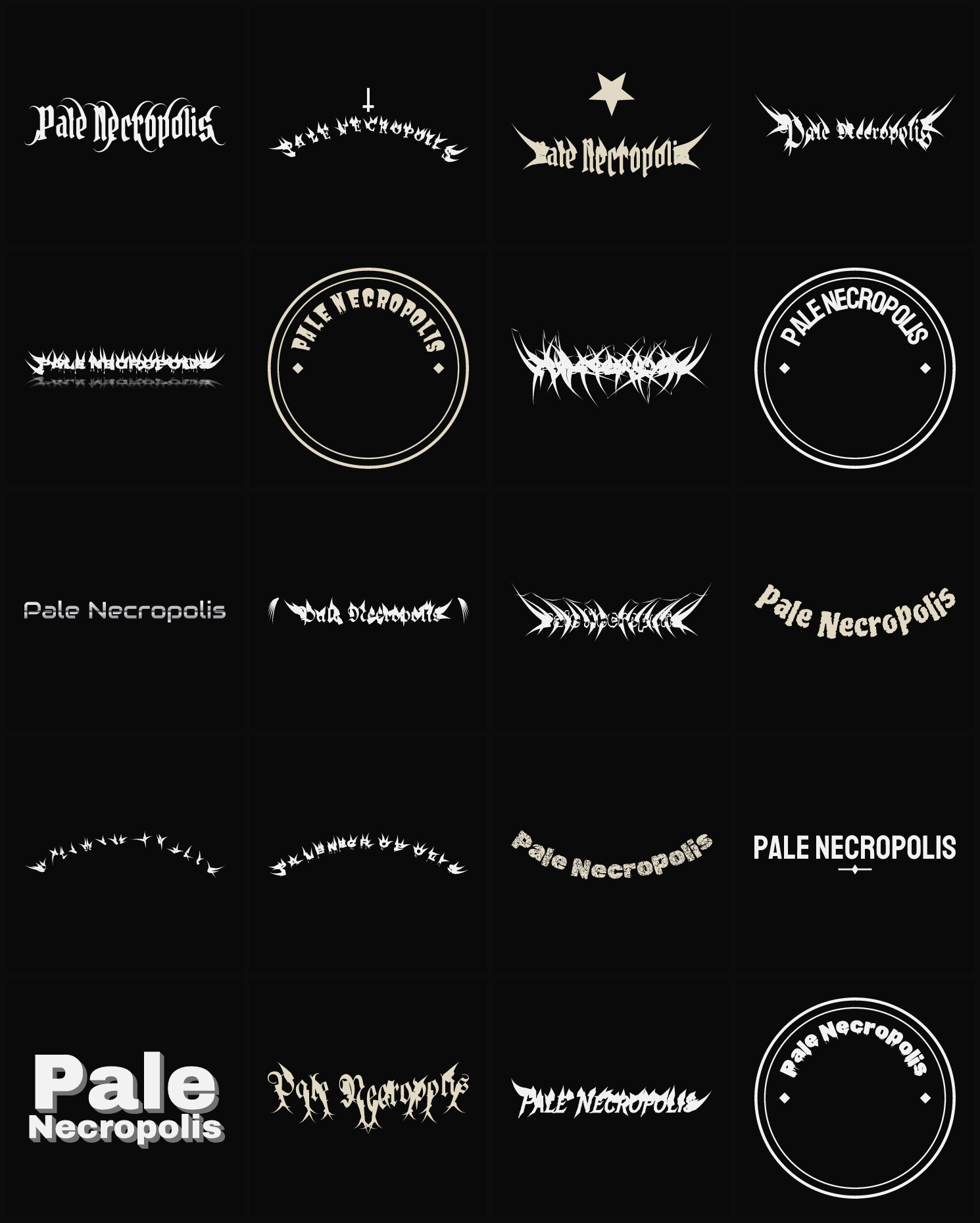 Twenty Pale Necropolis band logo ideas — different faces, treatments and spike settings