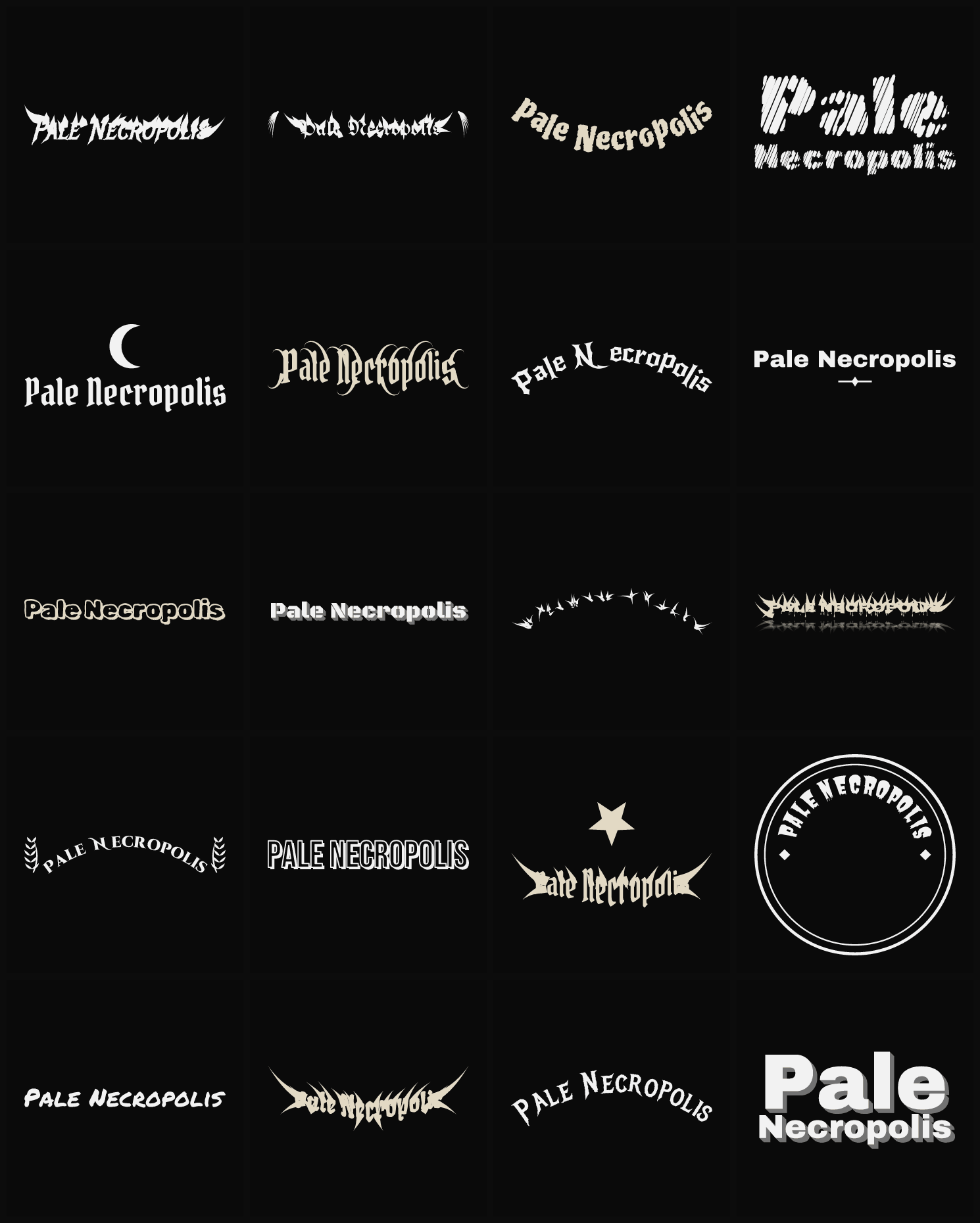 Twenty Pale Necropolis band logo ideas — different faces, treatments and spike settings