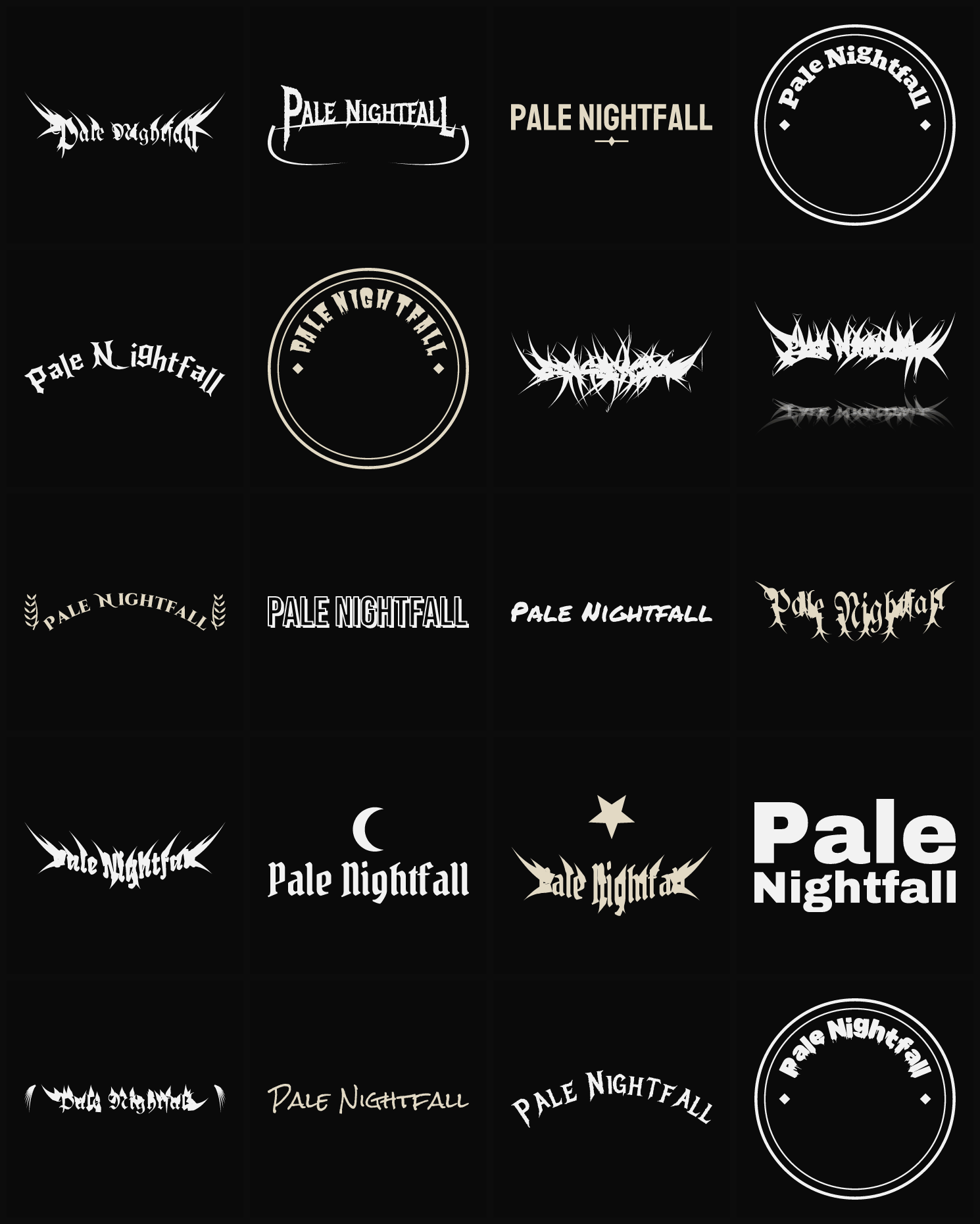Twenty Pale Nightfall band logo ideas — different faces, treatments and spike settings