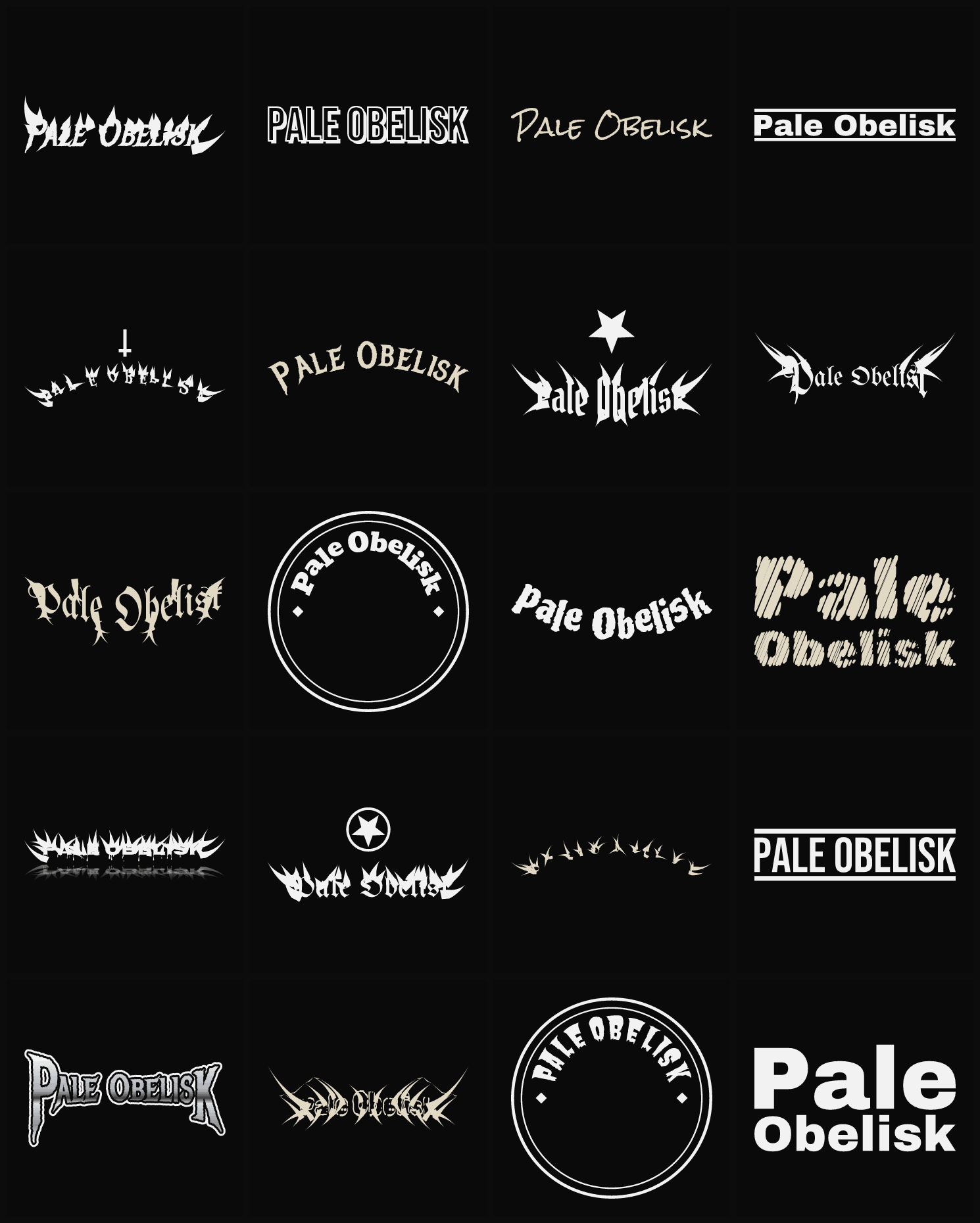 Twenty Pale Obelisk band logo ideas — different faces, treatments and spike settings