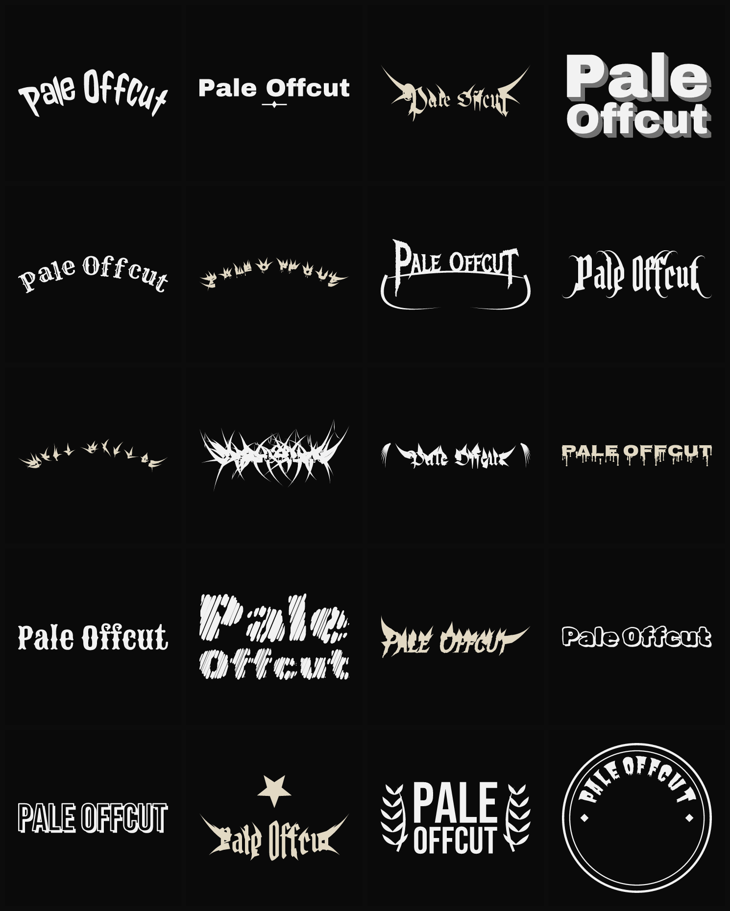 Twenty Pale Offcut band logo ideas — different faces, treatments and spike settings