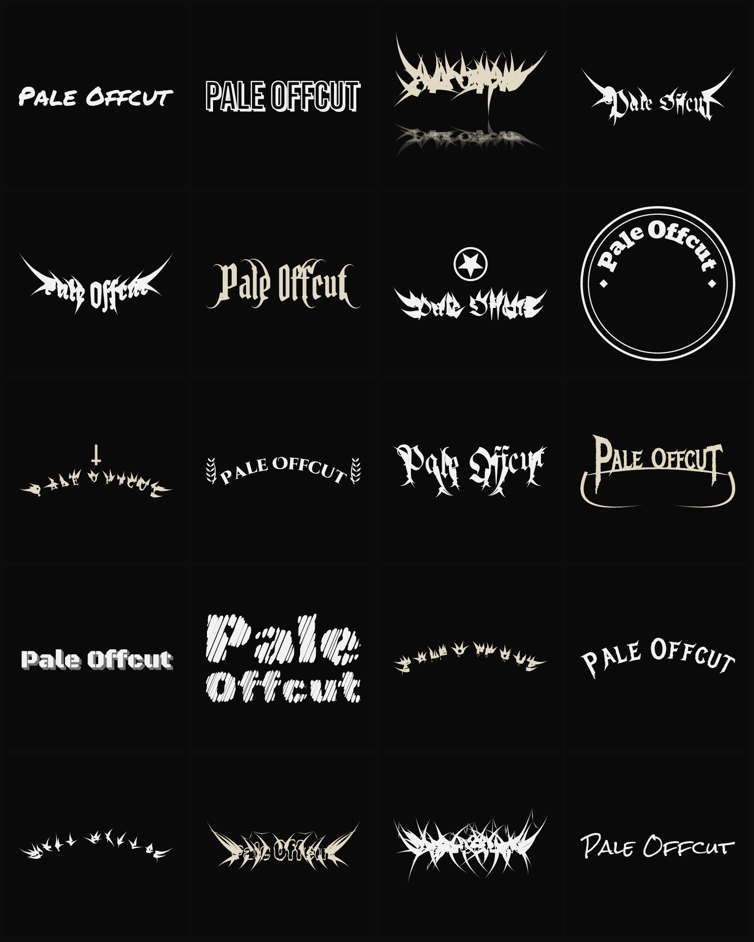 Twenty Pale Offcut band logo ideas — different faces, treatments and spike settings