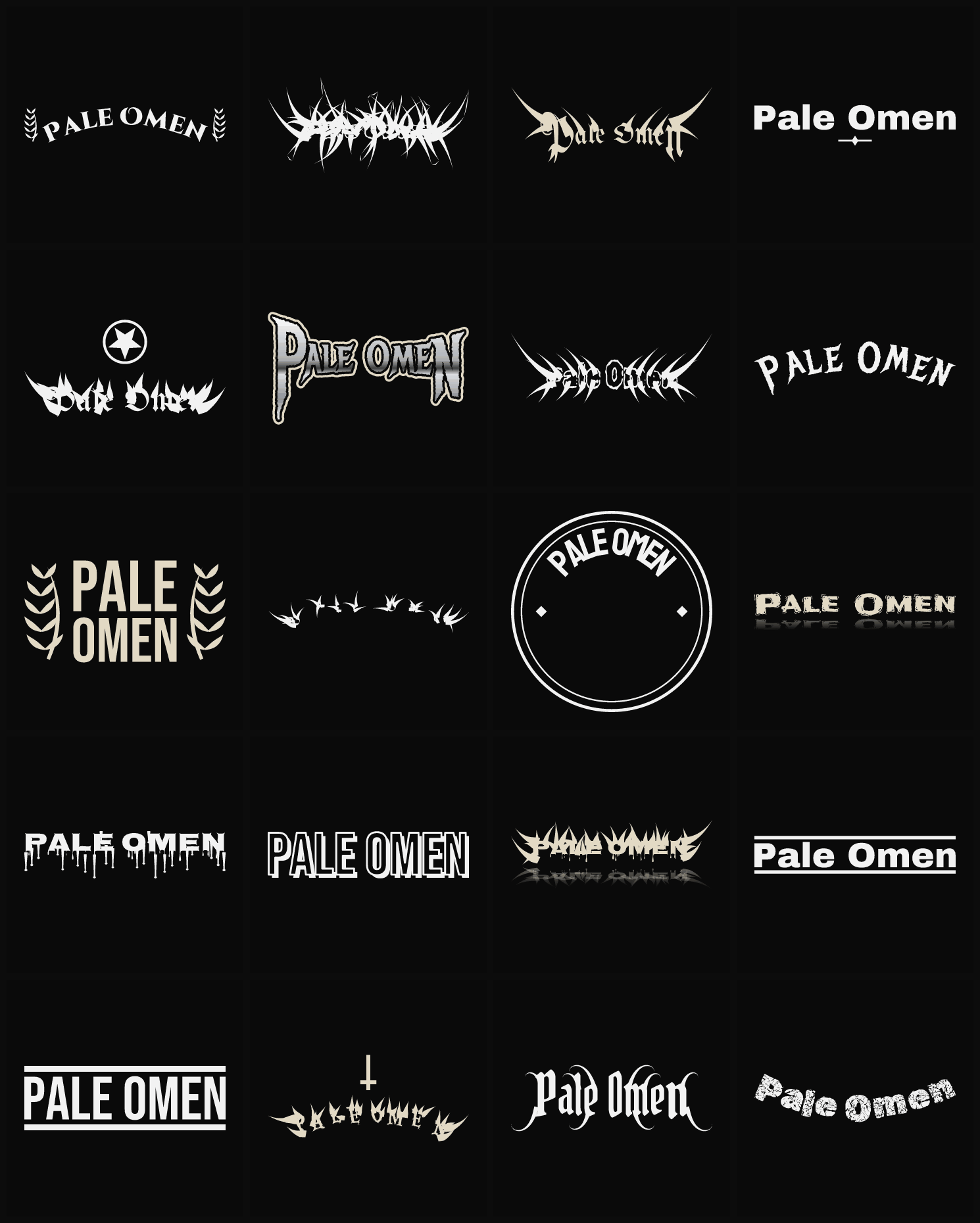 Twenty Pale Omen band logo ideas — different faces, treatments and spike settings