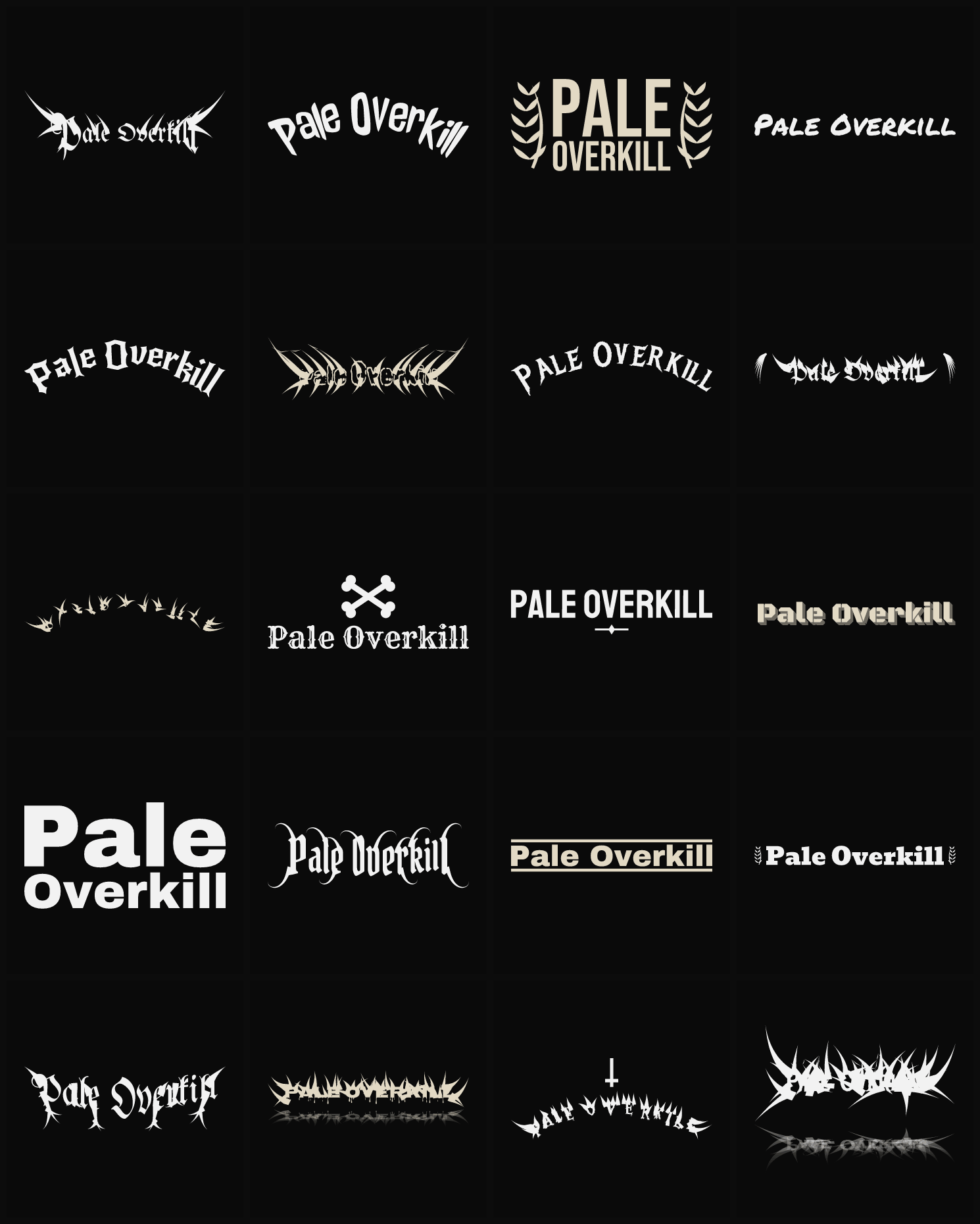 Twenty Pale Overkill band logo ideas — different faces, treatments and spike settings