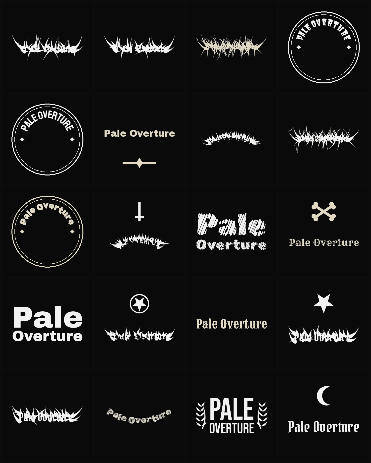 Twenty Pale Overture band logo ideas — different faces, treatments and spike settings