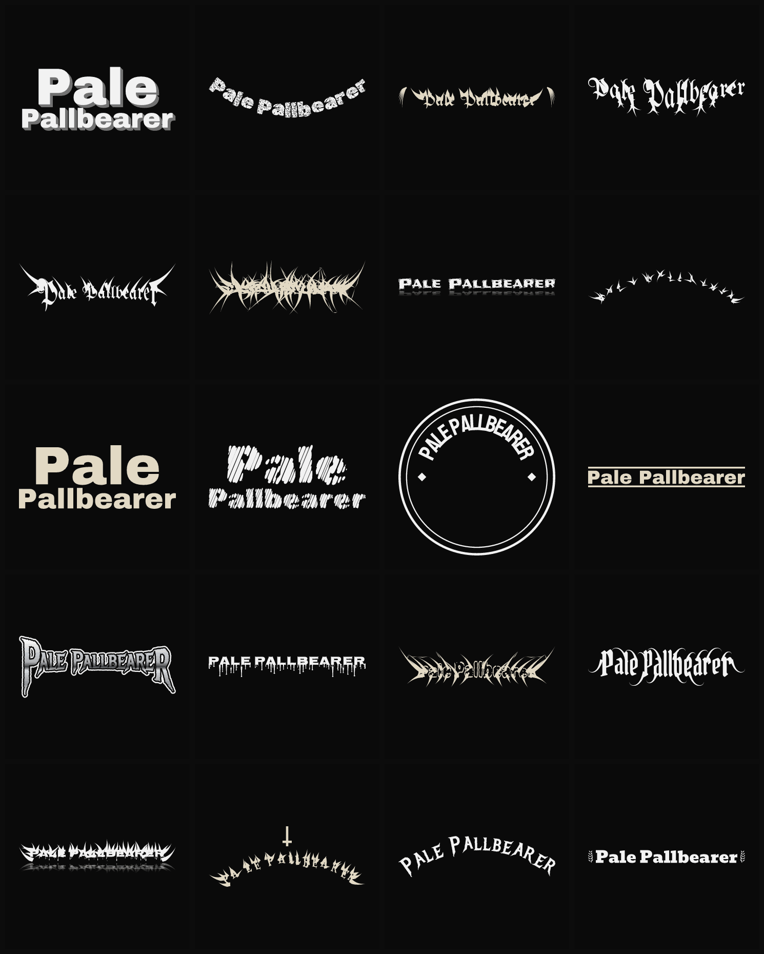 Twenty Pale Pallbearer band logo ideas — different faces, treatments and spike settings