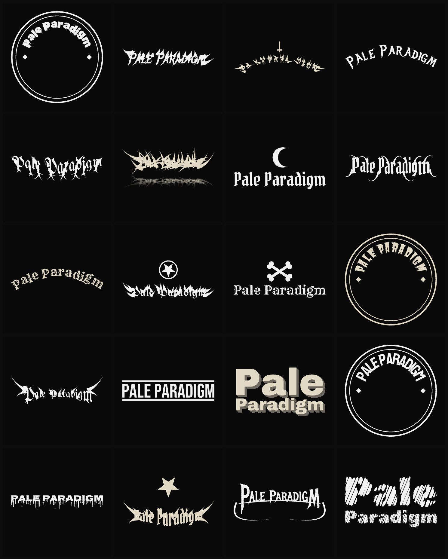 Twenty Pale Paradigm band logo ideas — different faces, treatments and spike settings
