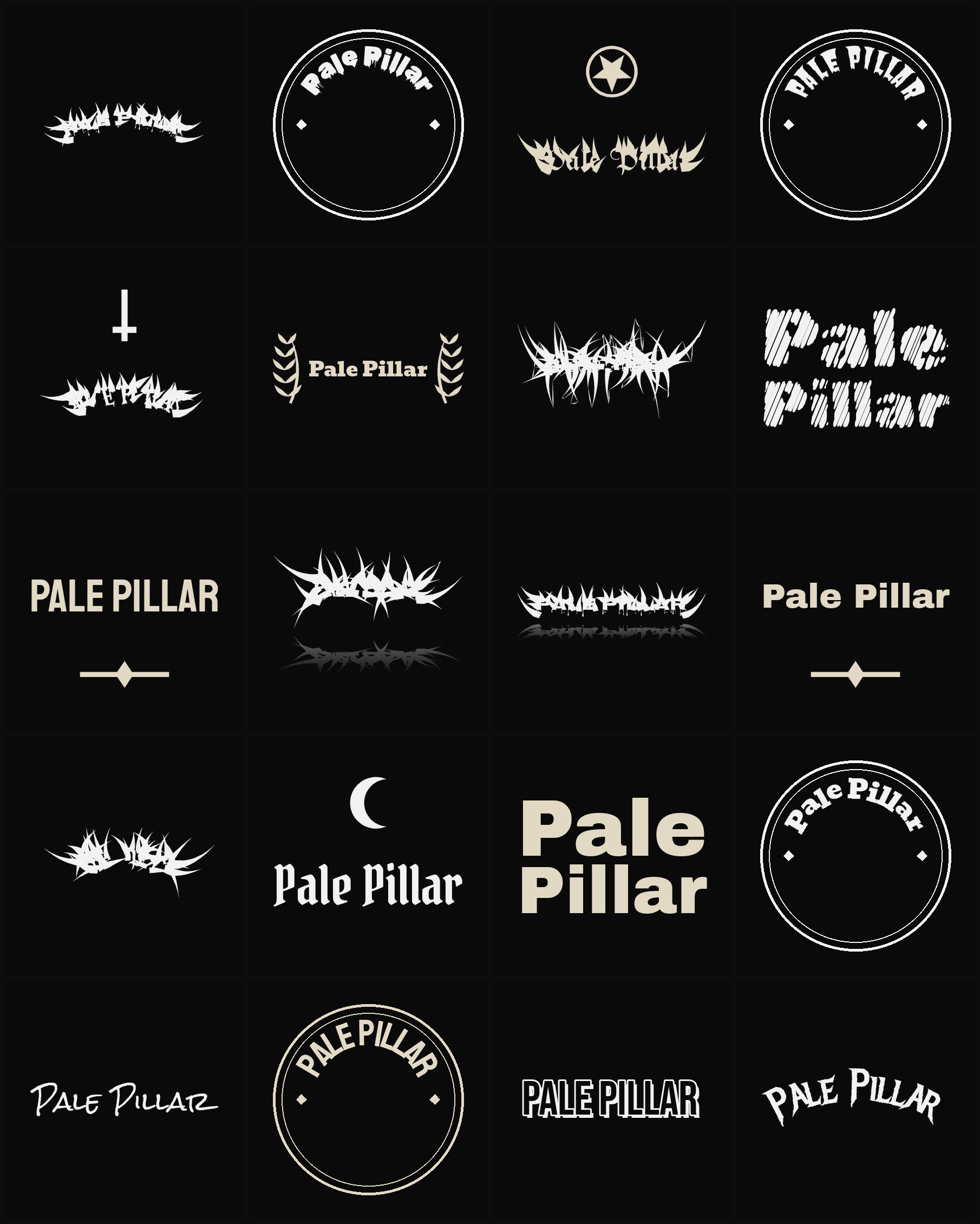 Twenty Pale Pillar band logo ideas — different faces, treatments and spike settings