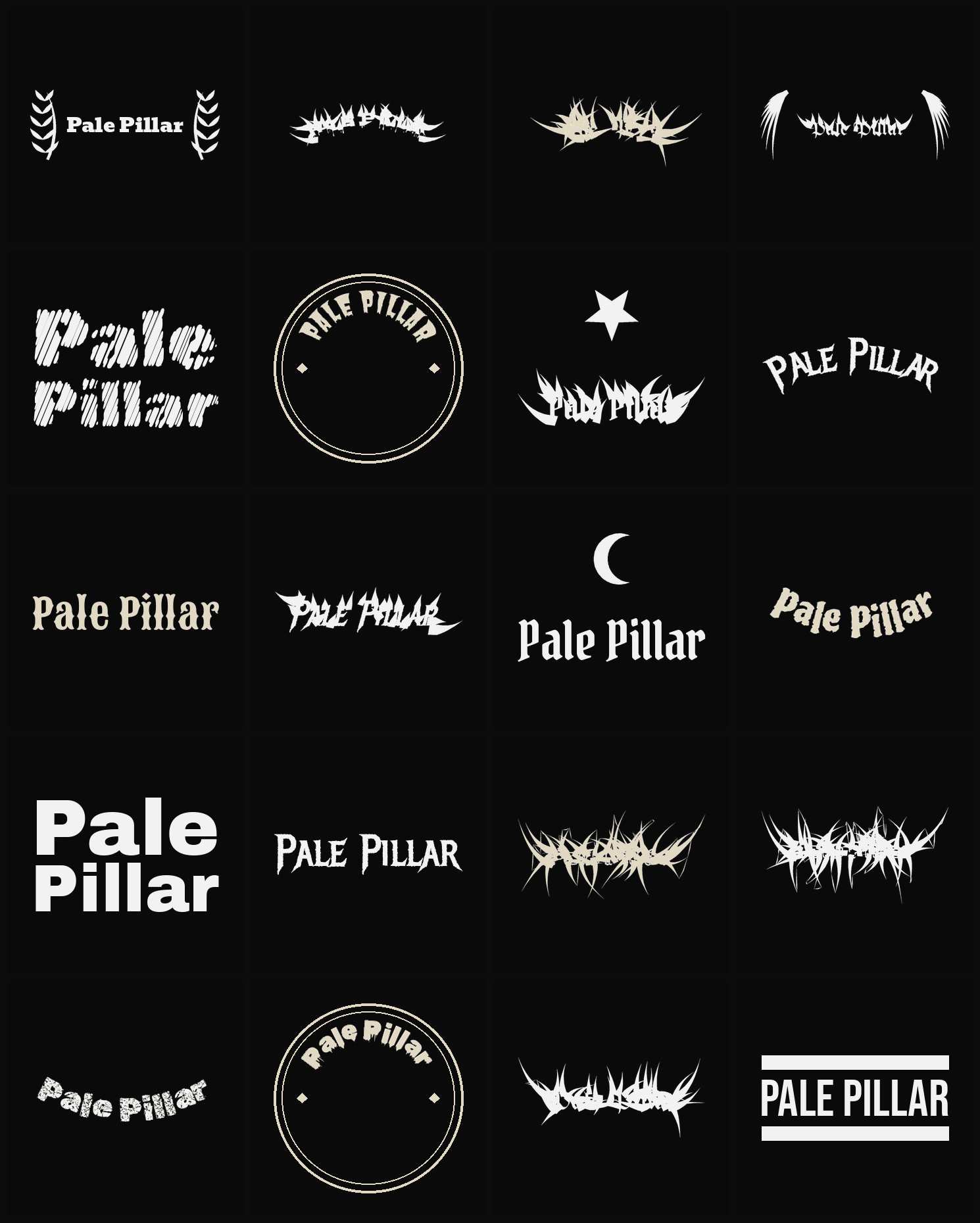 Twenty Pale Pillar band logo ideas — different faces, treatments and spike settings