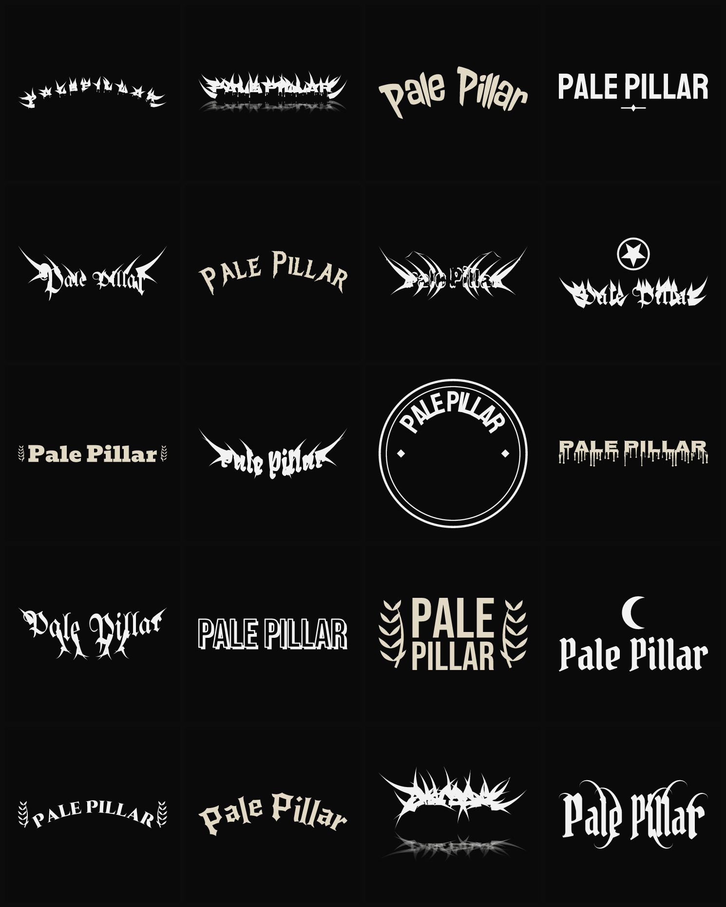 Twenty Pale Pillar band logo ideas — different faces, treatments and spike settings