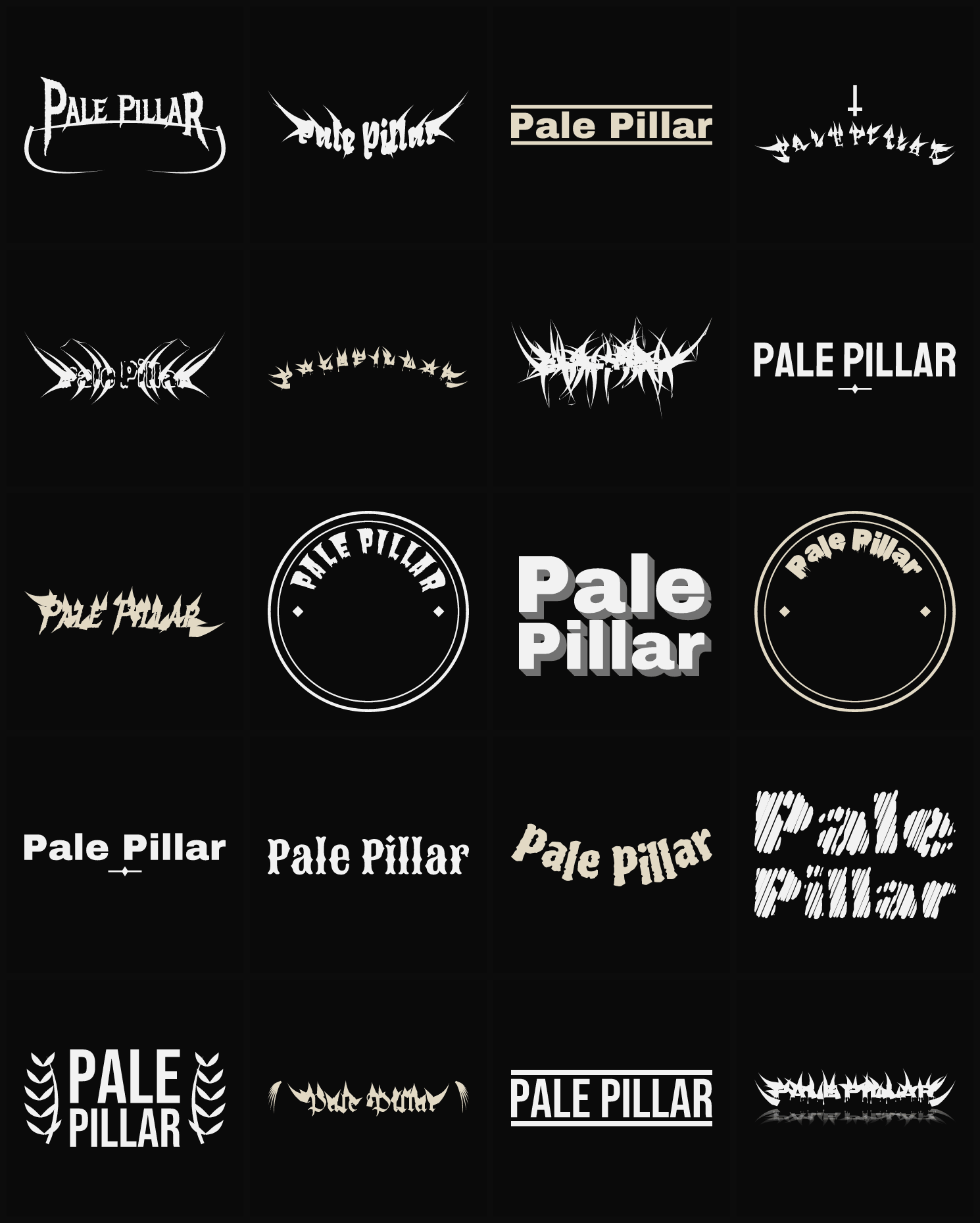 Twenty Pale Pillar band logo ideas — different faces, treatments and spike settings
