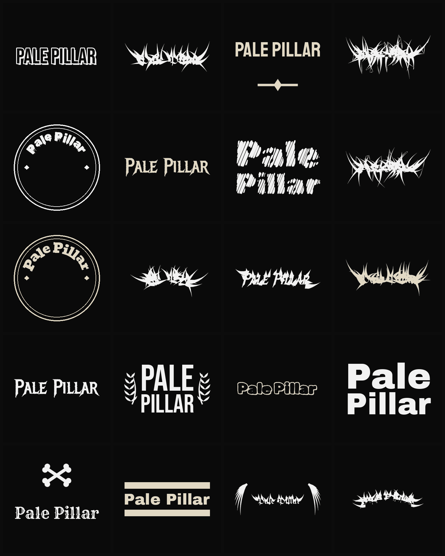 Twenty Pale Pillar band logo ideas — different faces, treatments and spike settings