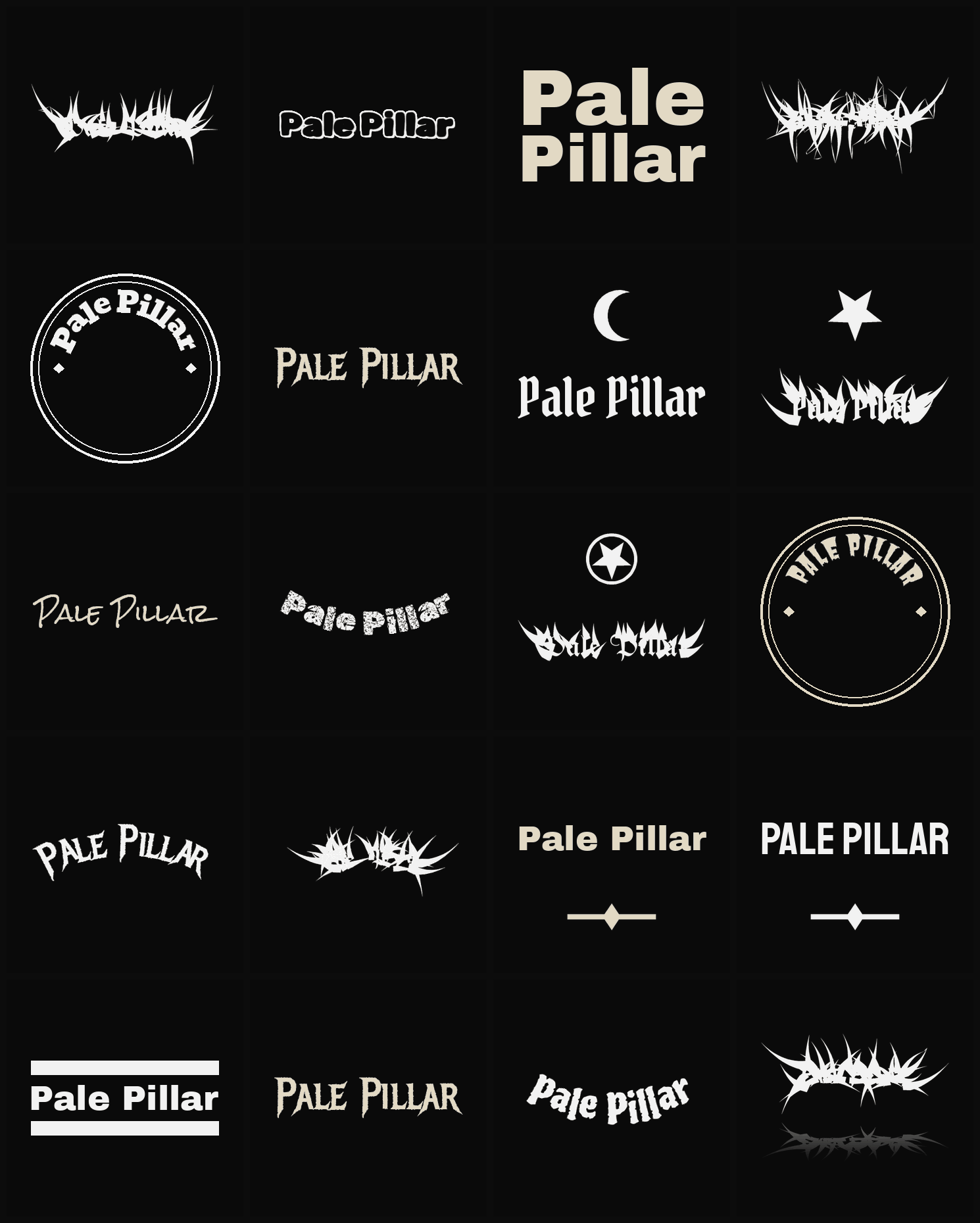 Twenty Pale Pillar band logo ideas — different faces, treatments and spike settings