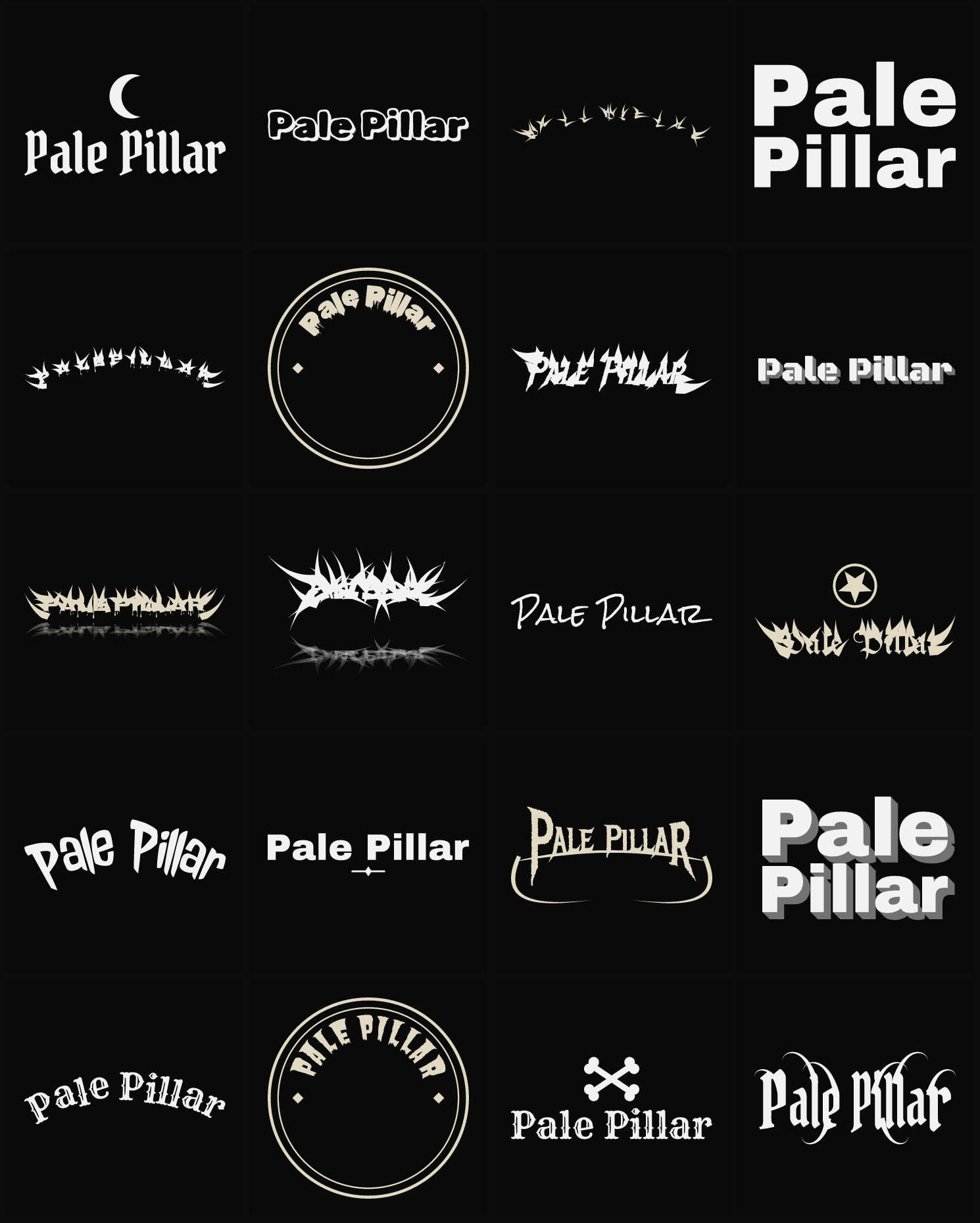 Twenty Pale Pillar band logo ideas — different faces, treatments and spike settings