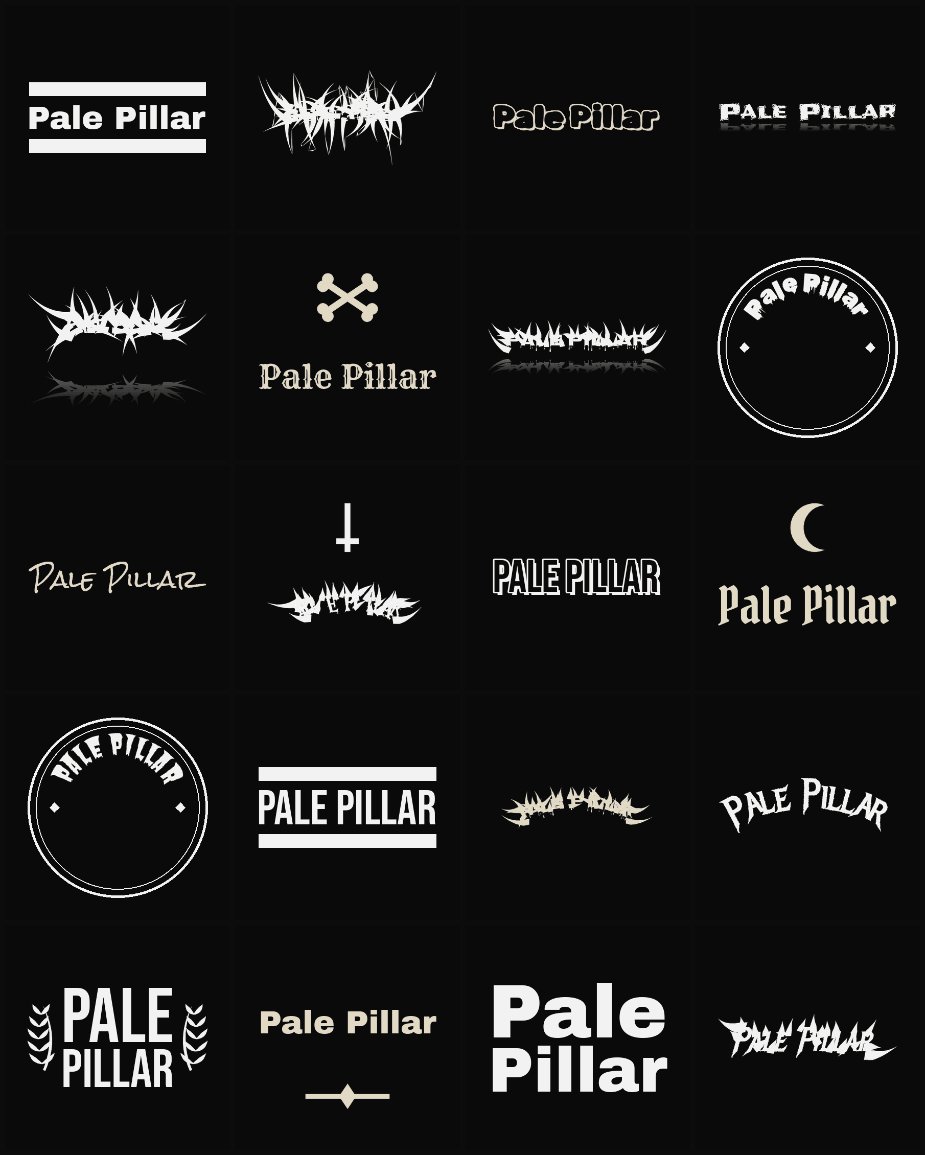 Twenty Pale Pillar band logo ideas — different faces, treatments and spike settings