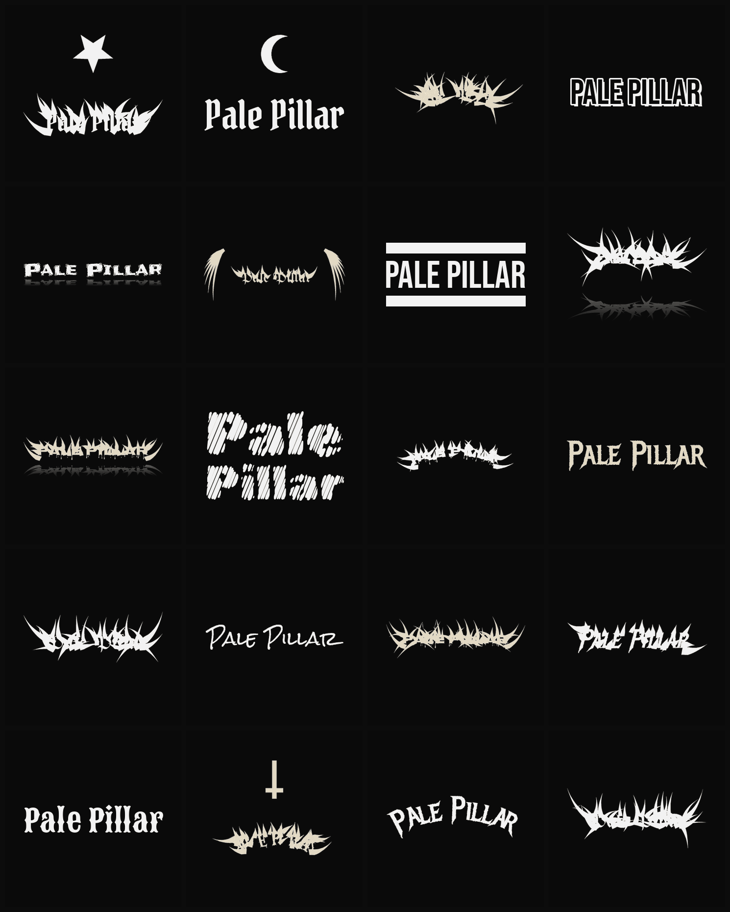 Twenty Pale Pillar band logo ideas — different faces, treatments and spike settings