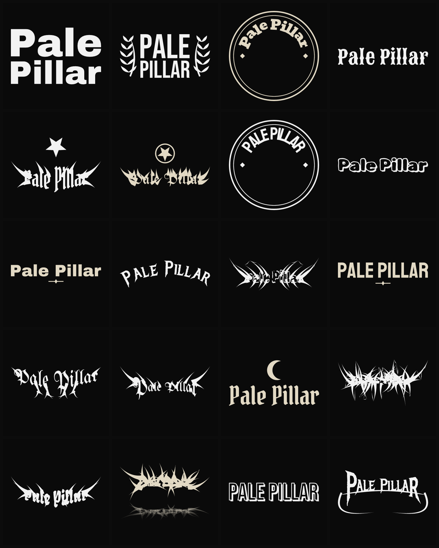 Twenty Pale Pillar band logo ideas — different faces, treatments and spike settings