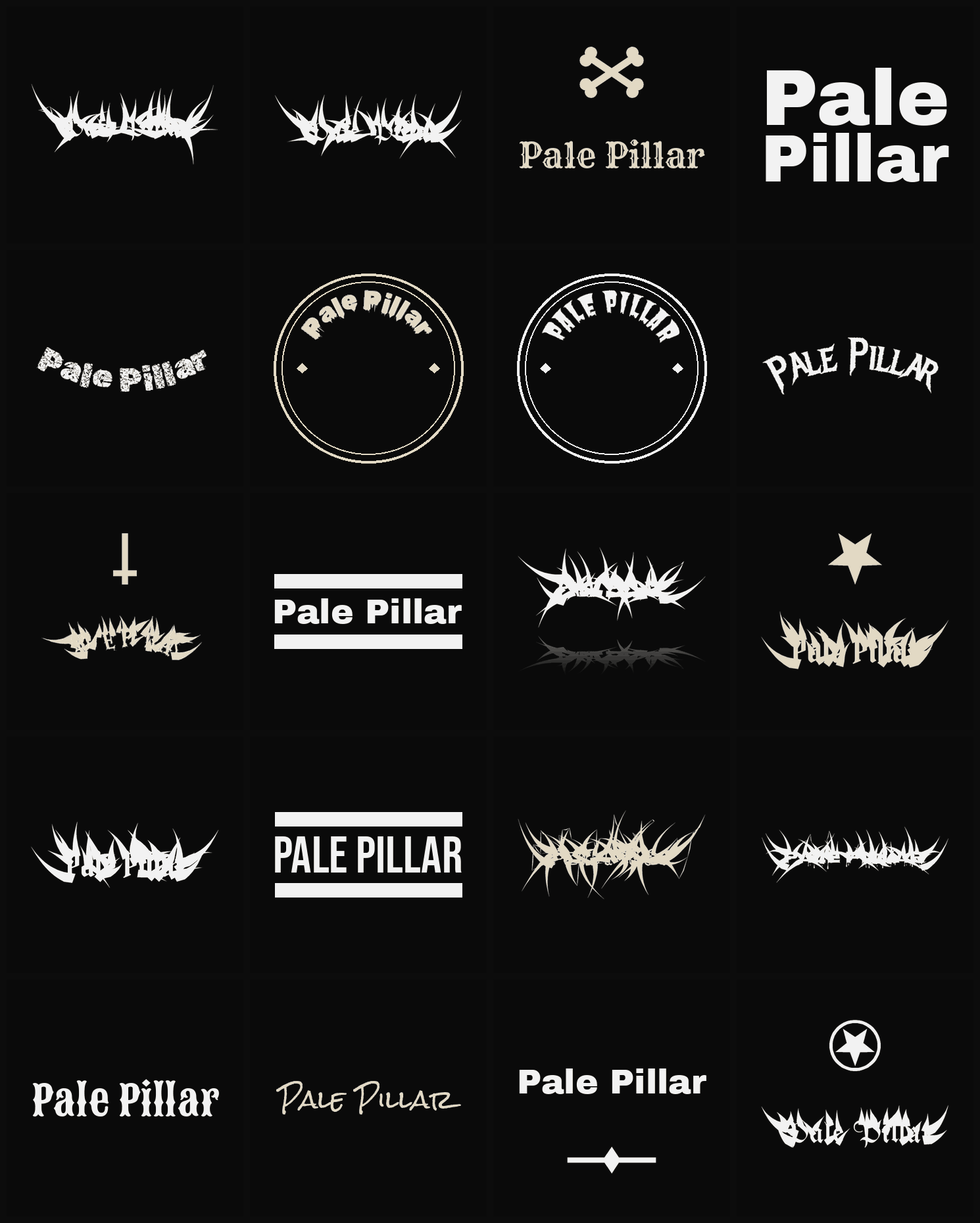 Twenty Pale Pillar band logo ideas — different faces, treatments and spike settings