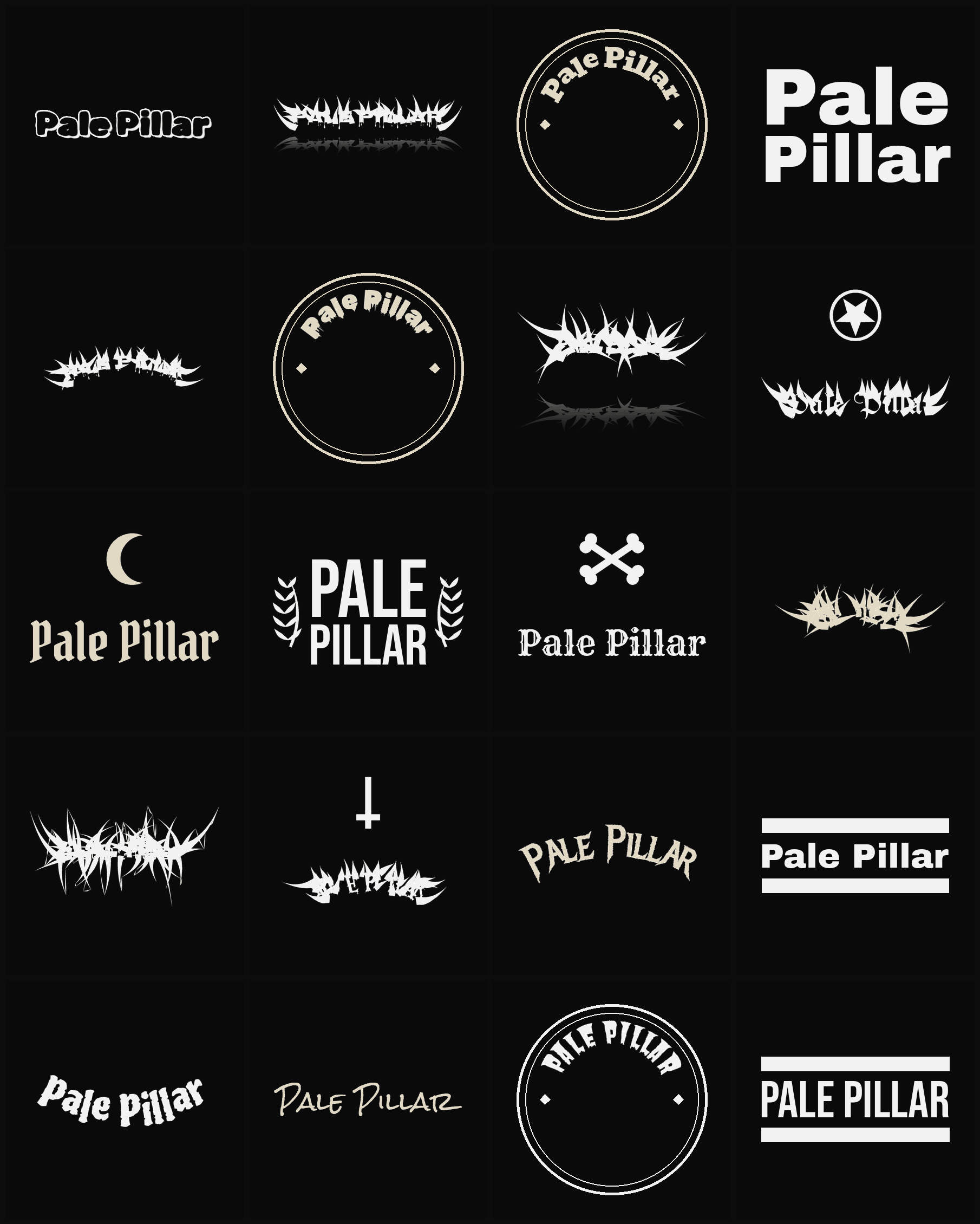 Twenty Pale Pillar band logo ideas — different faces, treatments and spike settings