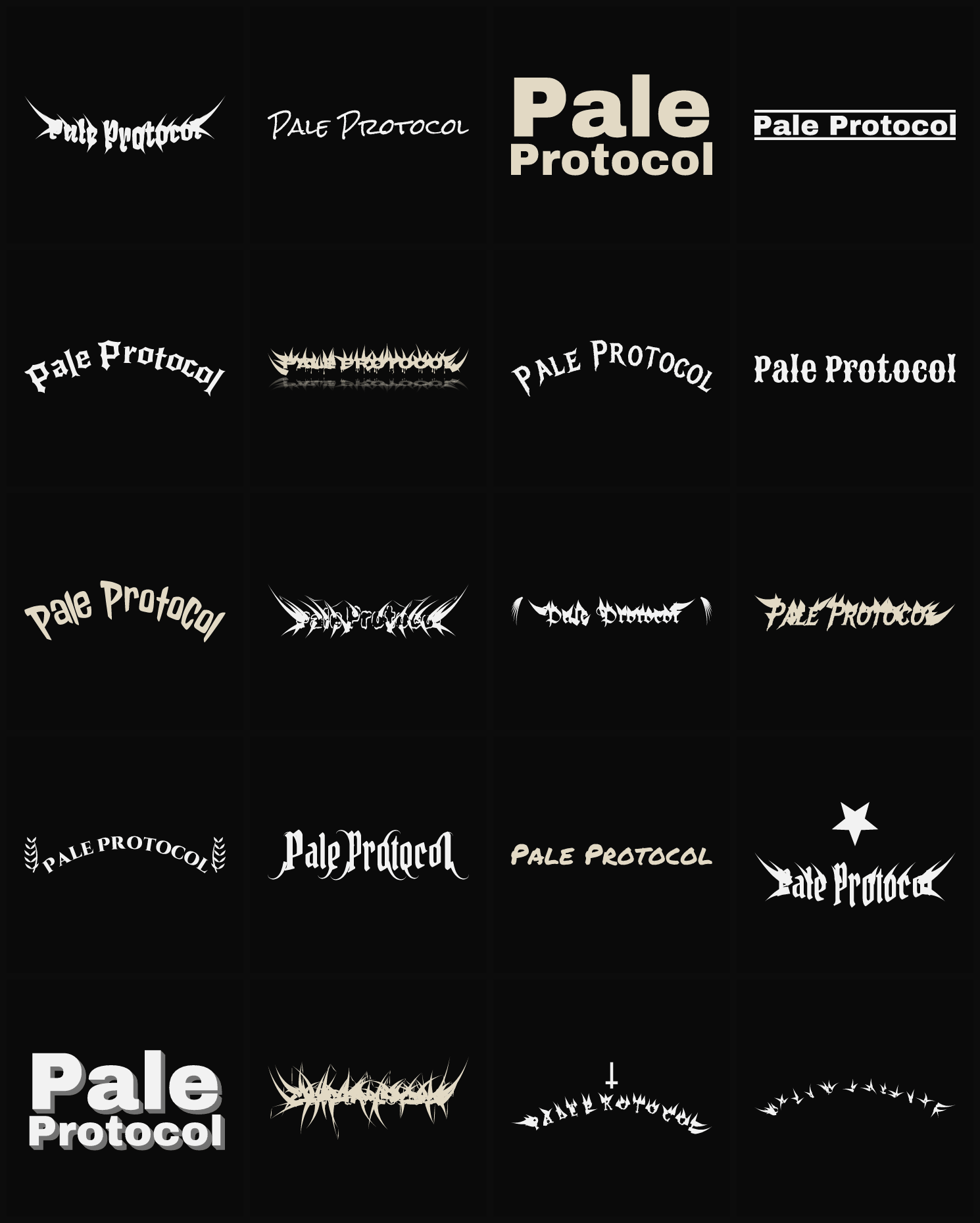 Twenty Pale Protocol band logo ideas — different faces, treatments and spike settings
