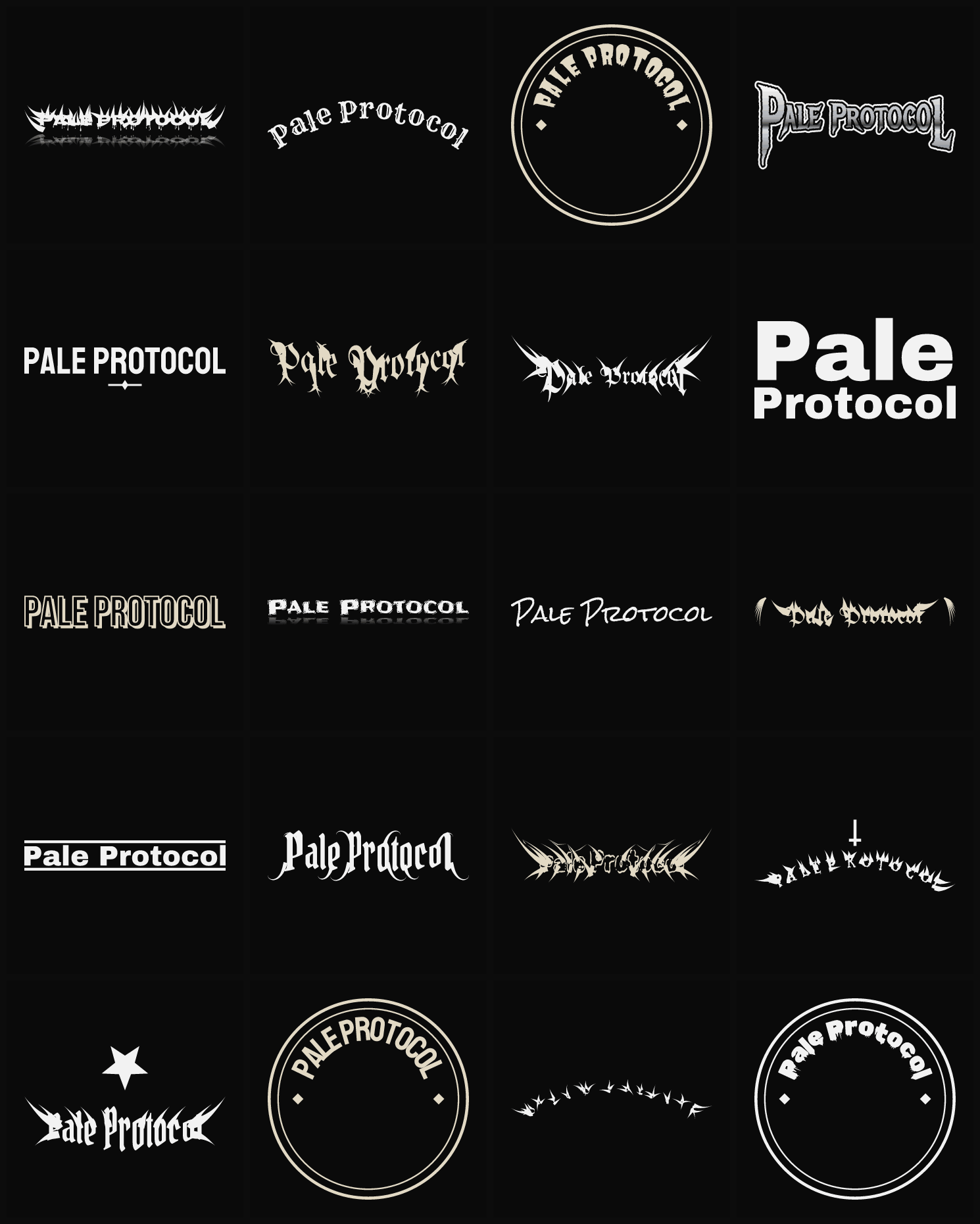 Twenty Pale Protocol band logo ideas — different faces, treatments and spike settings