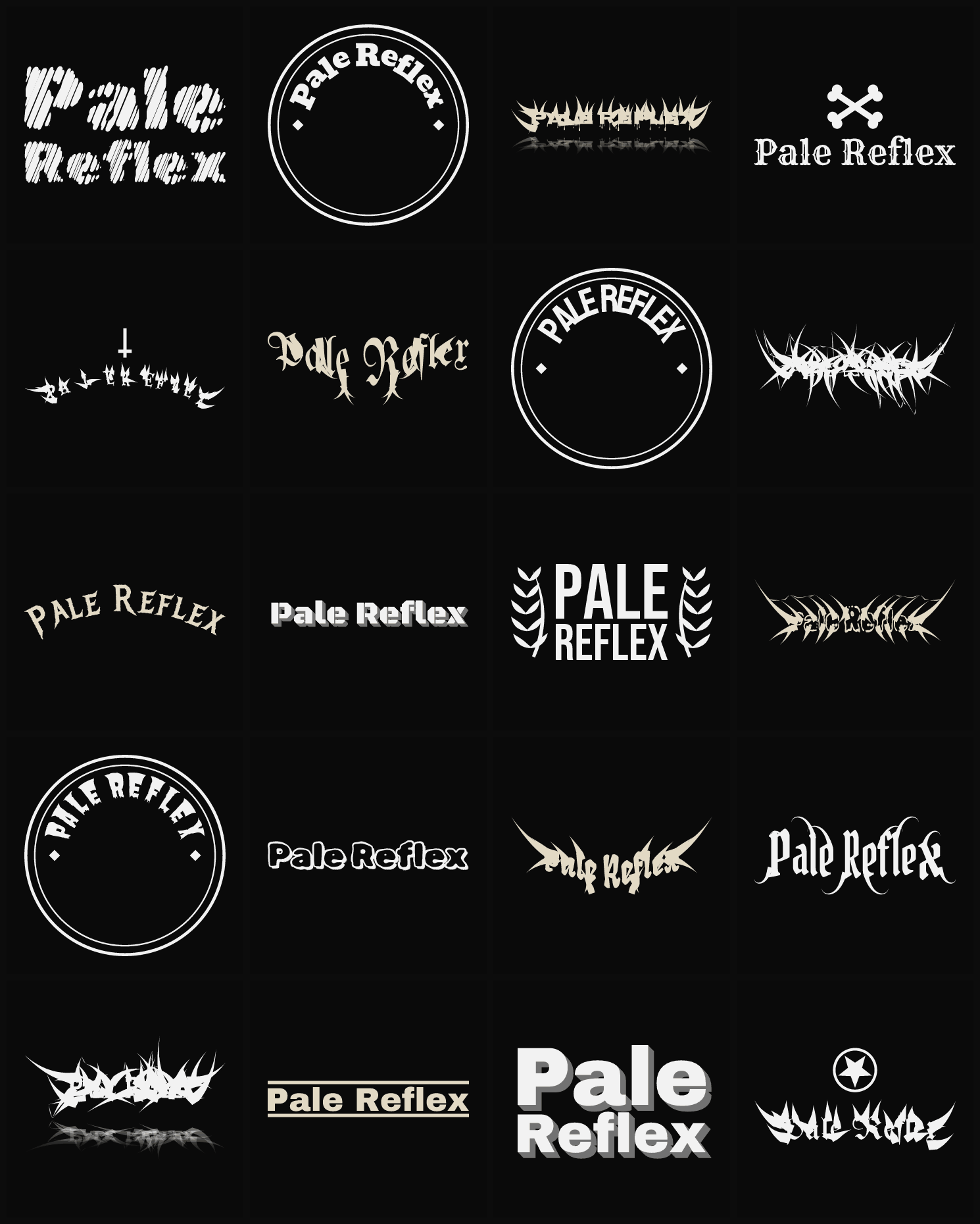 Twenty Pale Reflex band logo ideas — different faces, treatments and spike settings