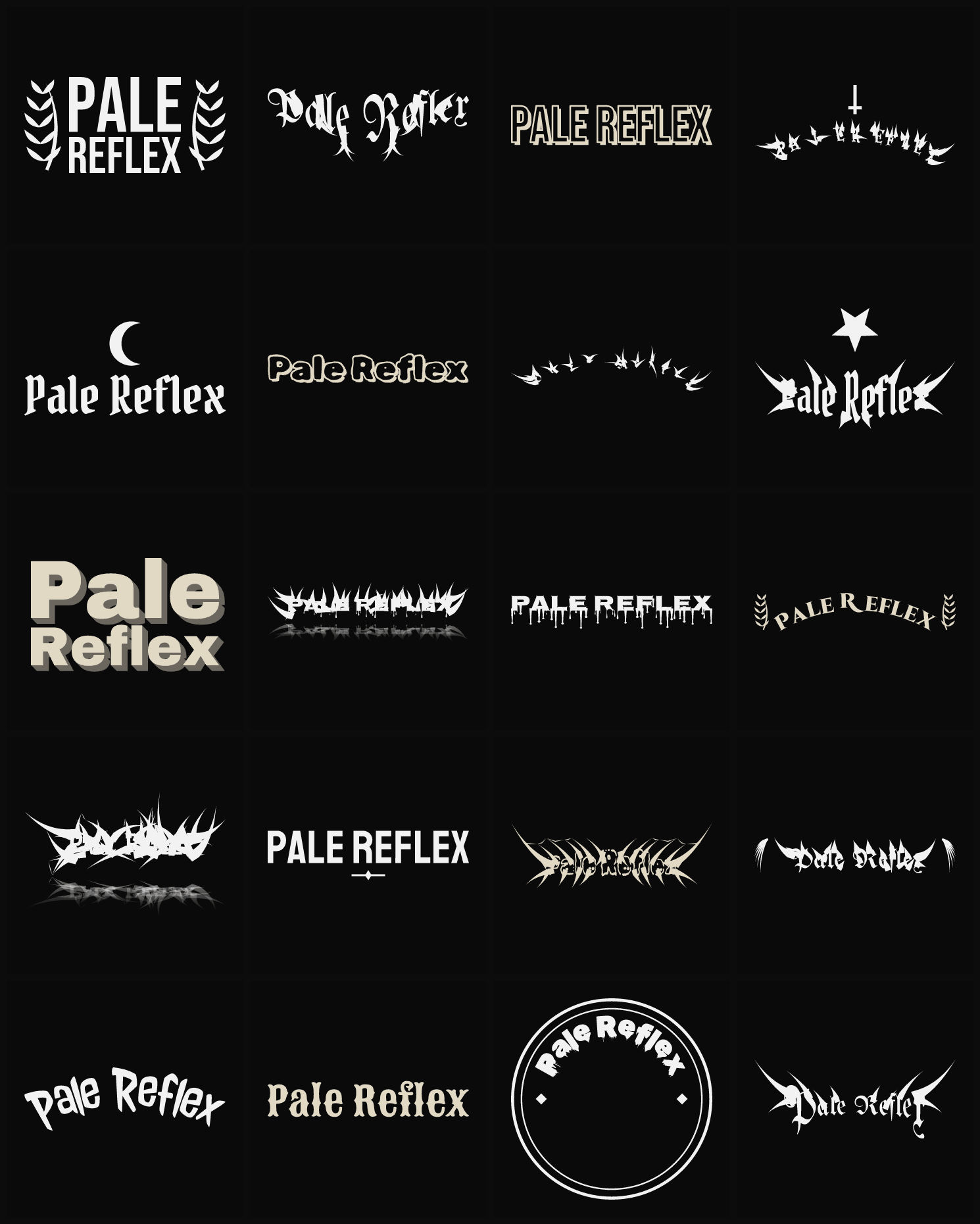 Twenty Pale Reflex band logo ideas — different faces, treatments and spike settings