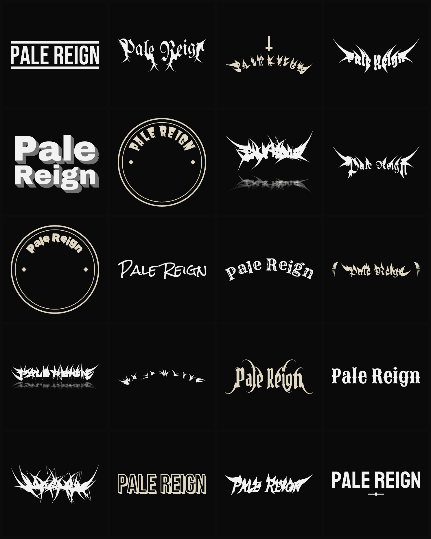 Twenty Pale Reign band logo ideas — different faces, treatments and spike settings