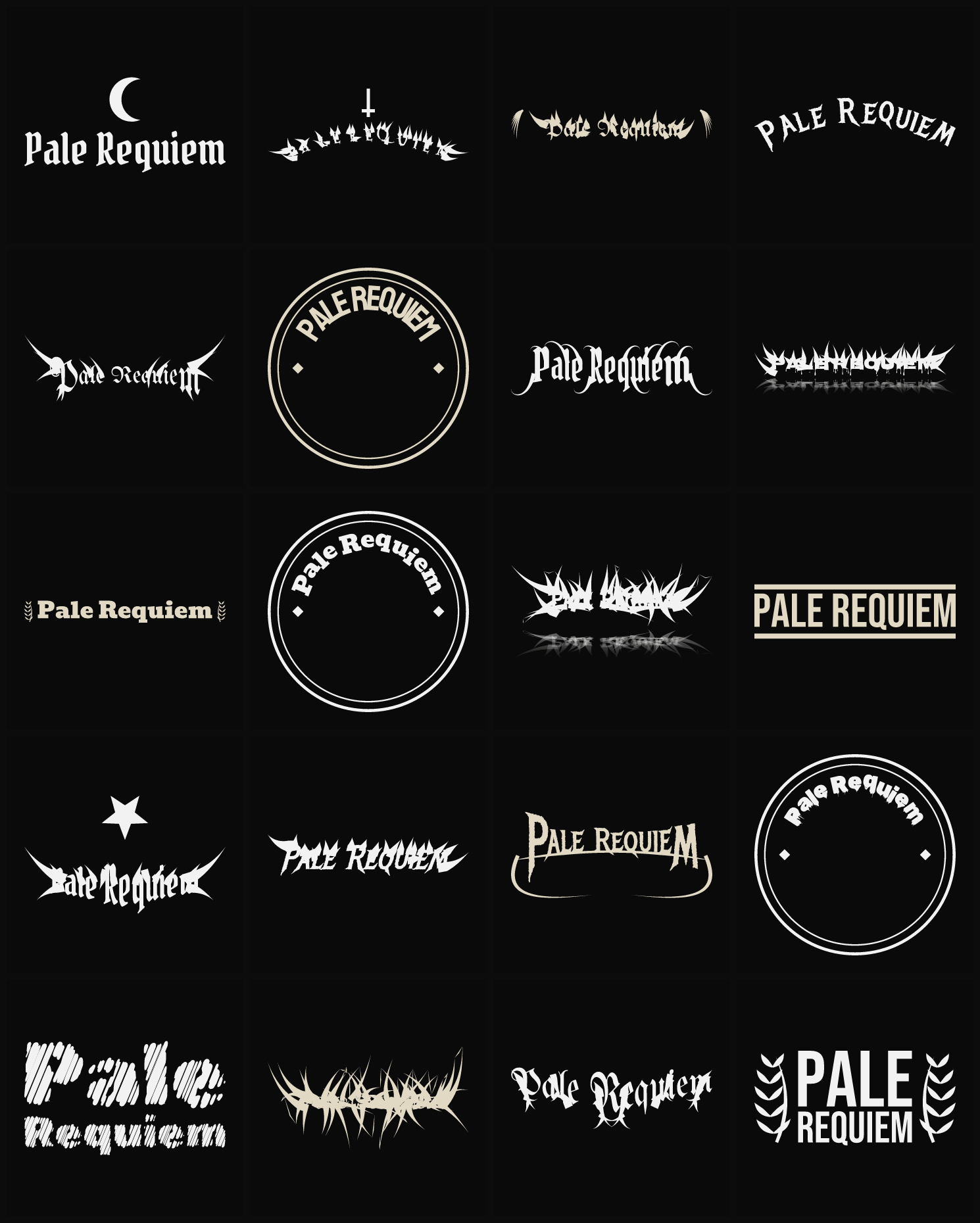 Twenty Pale Requiem band logo ideas — different faces, treatments and spike settings