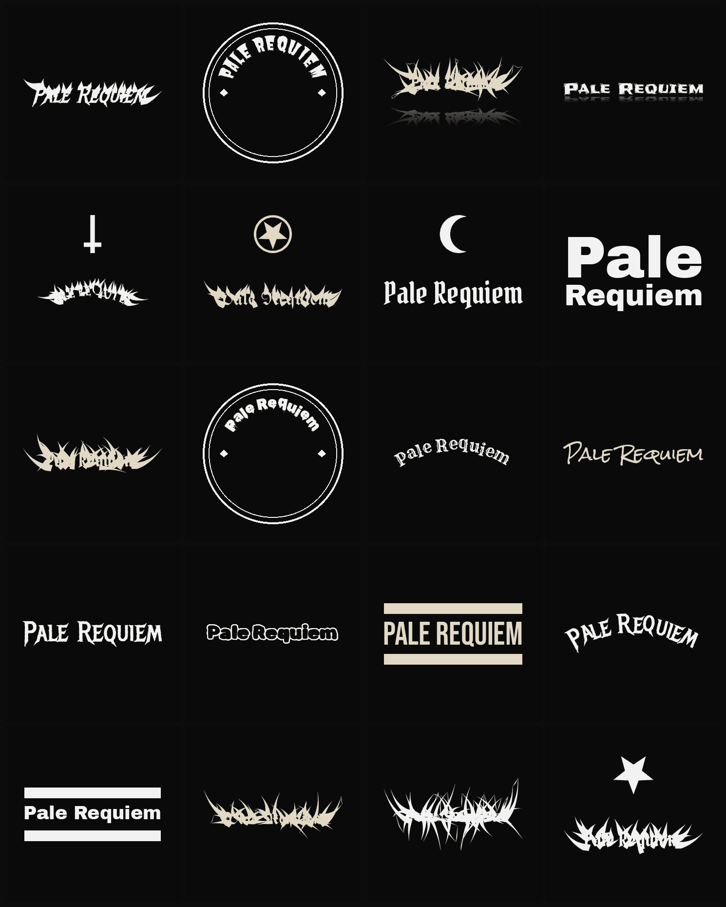 Twenty Pale Requiem band logo ideas — different faces, treatments and spike settings