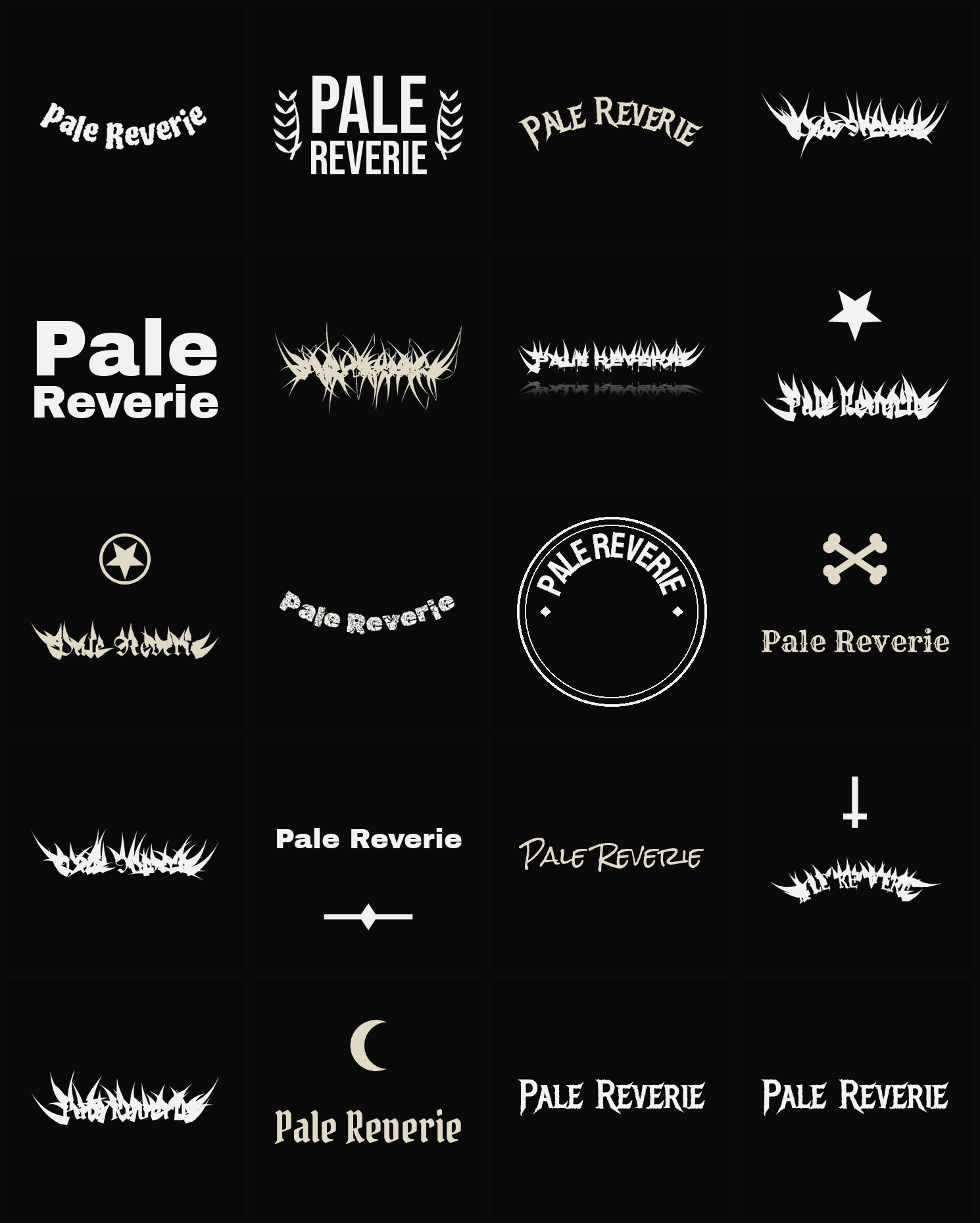 Twenty Pale Reverie band logo ideas — different faces, treatments and spike settings